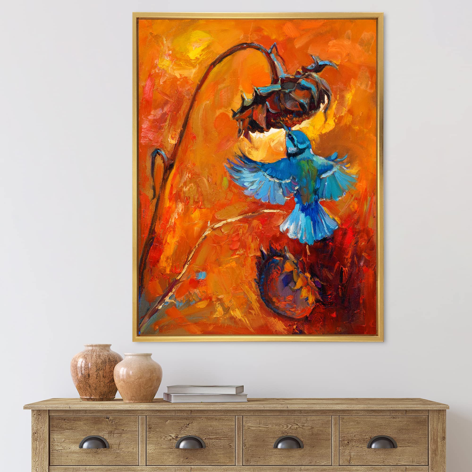 Blue Hummingbird on Orange - Traditional Framed Canvas Wall Art Print - Home & Office Decor, Living Room Bedroom Wall Decor, Unique Gift Idea