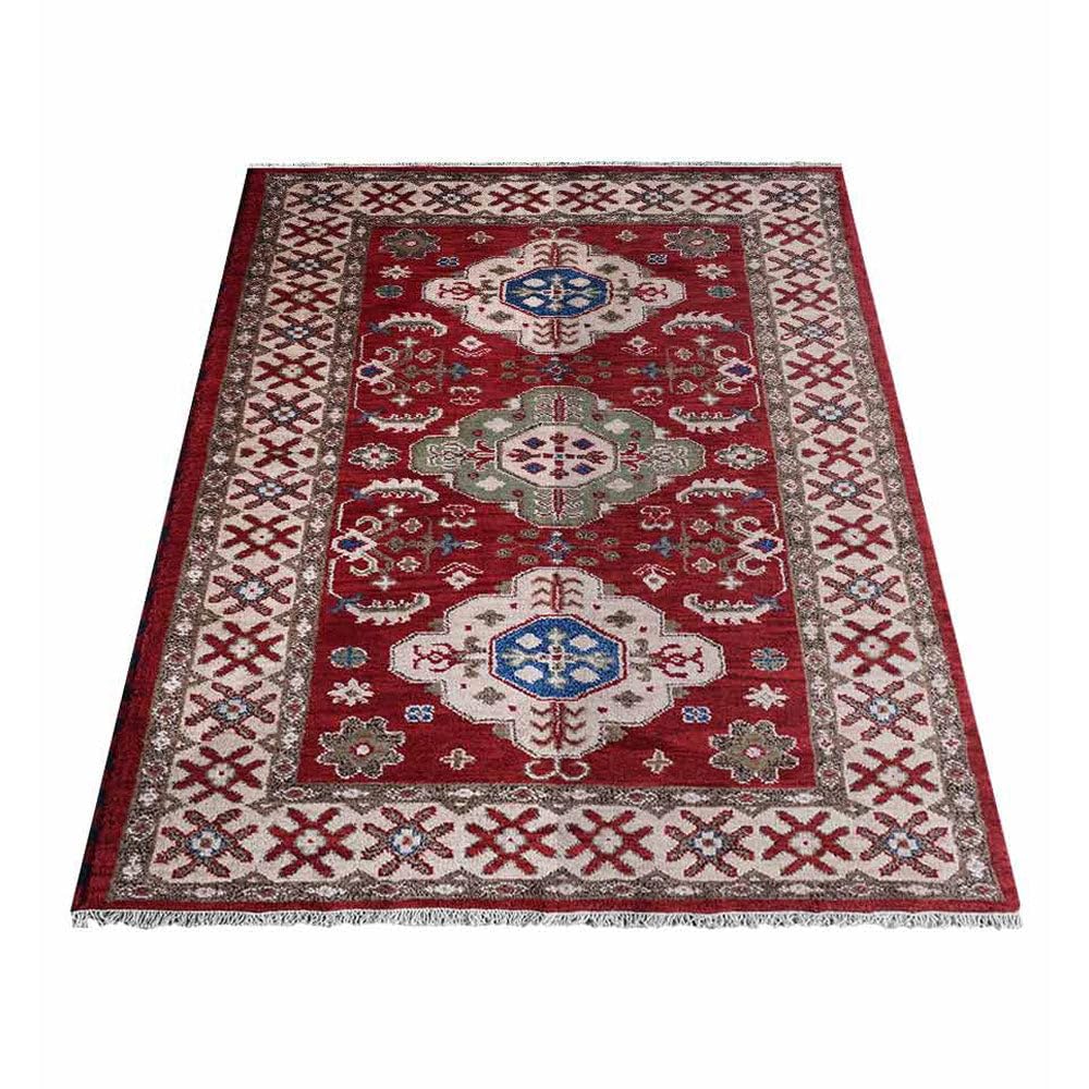 Hand Knotted Wool & Silk Eco-Friendly Oriental Area Rug 5'x8' Rectangle - Red Cream Traditional Design, Medium Pile Handmade Rug (AF0116) for Living Room, Bedroom & Office Decor