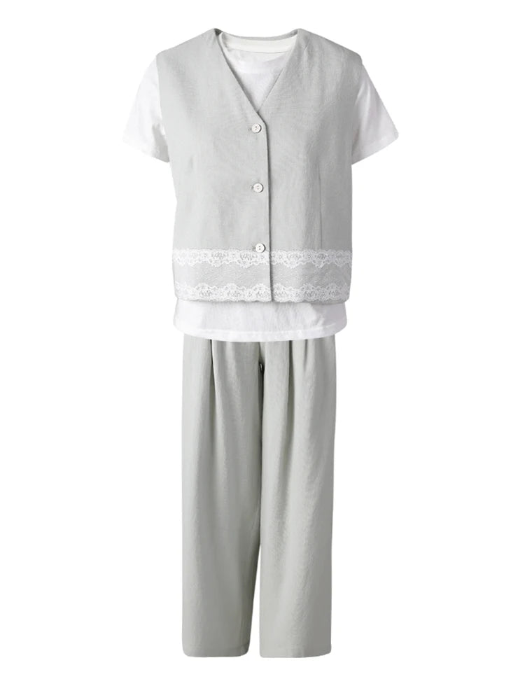 Women's 3-Piece Lace Vest T-Shirt & Pants Set - Big Size Round Neck Short Sleeve Fashion Outfit for Spring & Autumn 2025 | CPG3069 | Perfect for Office Wear, Dating & Casual Outings