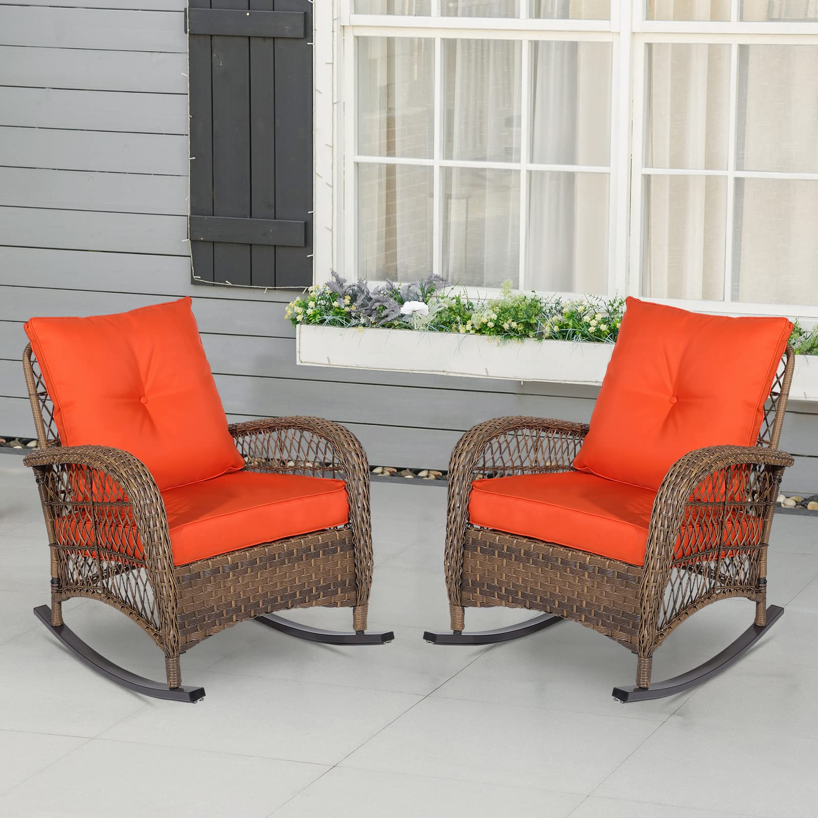 Premium All-Weather Outdoor Wicker Rocking Chair Set of 2 - Thickened Cushions, Durable Rattan Patio Rocker for Porch, Garden & Backyard (Orange) - Perfect for Relaxing, Sunbathing & Outdoor Entertaining