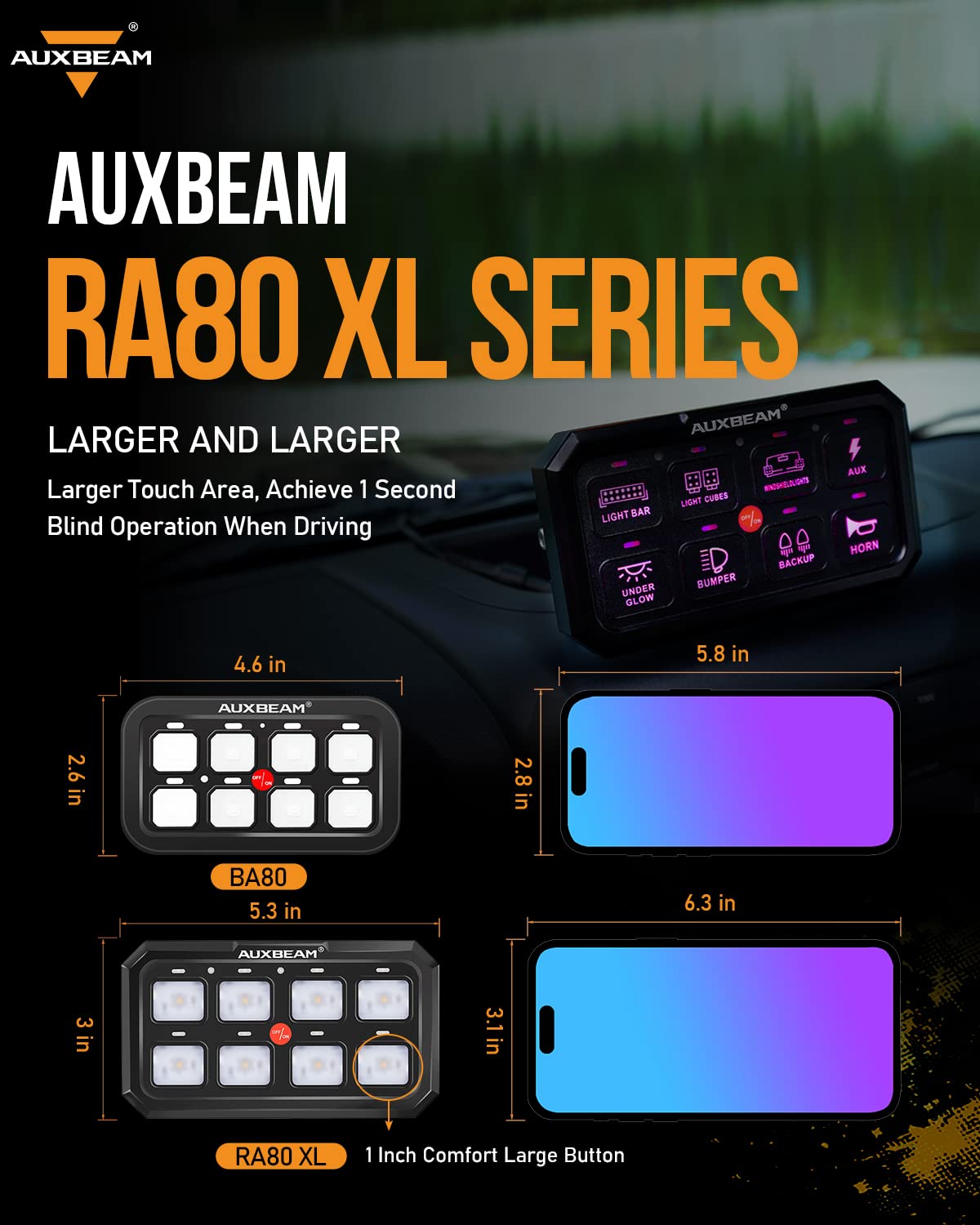 Auxbeam 8 Gang RGB Switch Panel 5 Inch Large - 12V Toggle Momentary Pulsed Control Panel for Car, Truck, SUV, RV, Camper Van | Offroad Accessories with 2 Year Warranty | Perfect for Interior Lighting, Audio Systems & Offroad Vehicle Customization