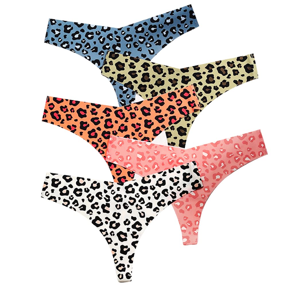 5 Pack Women's Sexy Bright Leopard Print Underwear - Seamless Cotton G-String Thongs, Low Rise T-Back Panties for Sports & Everyday Wear - Soft Comfortable Lingerie Set for Workout, Sleep & Special Occasions