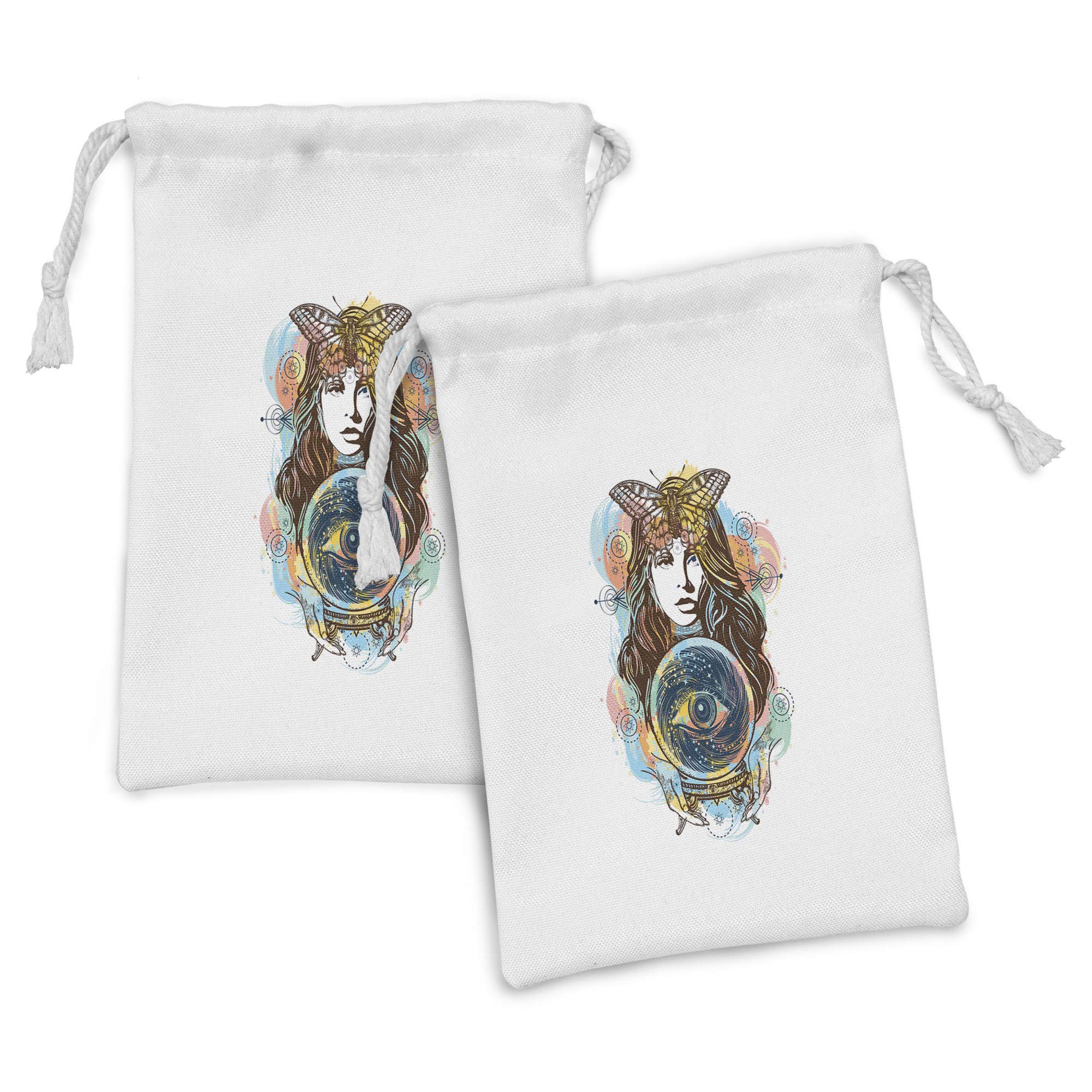 Ambesonne Psychic Fabric Pouch Set of 2 - Colorful Fortune Teller Design with Lady Butterfly & All Seeing Eye - Small Drawstring Bags for Toiletries, Makeup, Jewelry & Travel Accessories (9