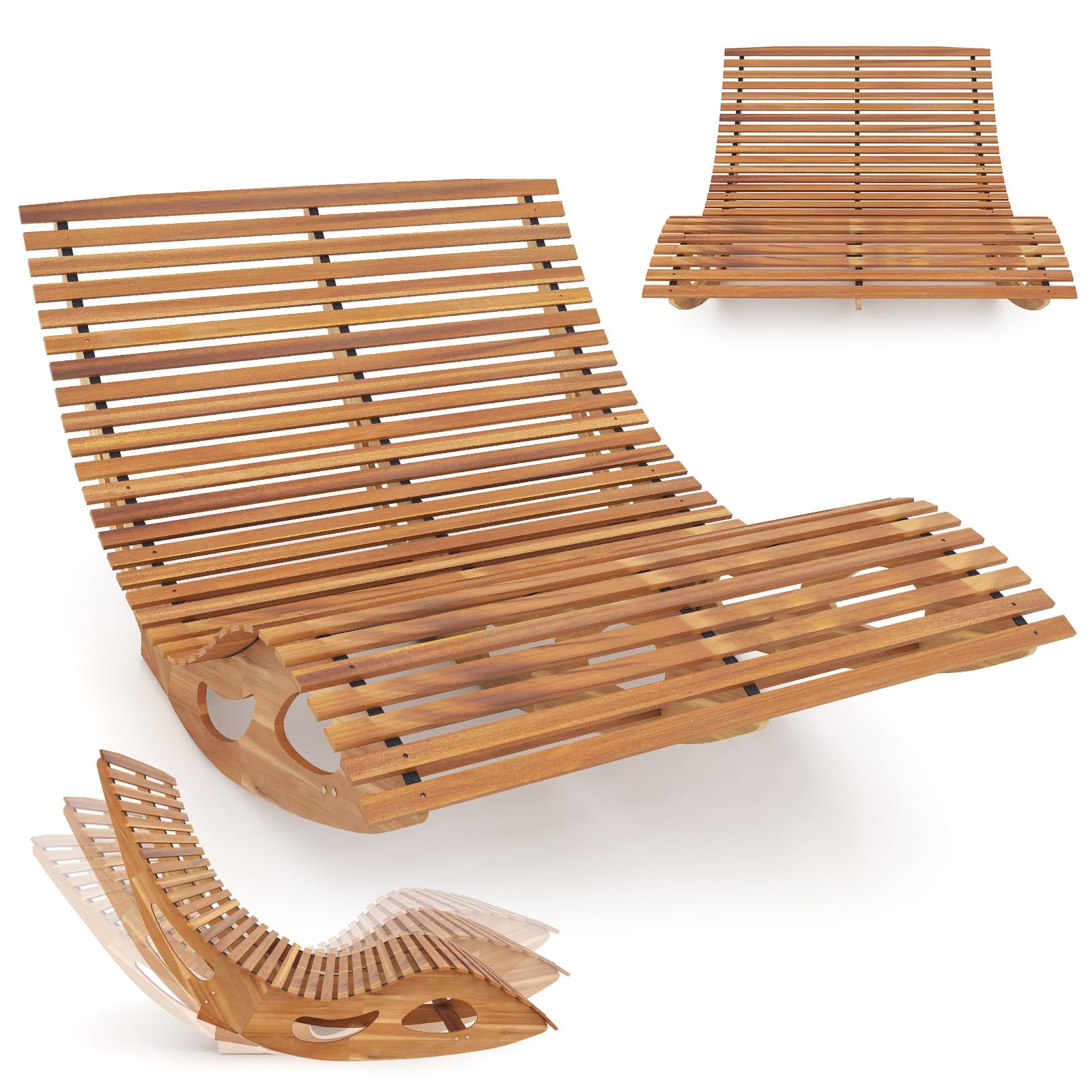 Premium Acacia Wood Double Chaise Lounge - Outdoor Rocking Loveseat with High Back & Slatted Seat, 440 lbs Capacity - Perfect for Patio, Poolside, Garden & Backyard Relaxation