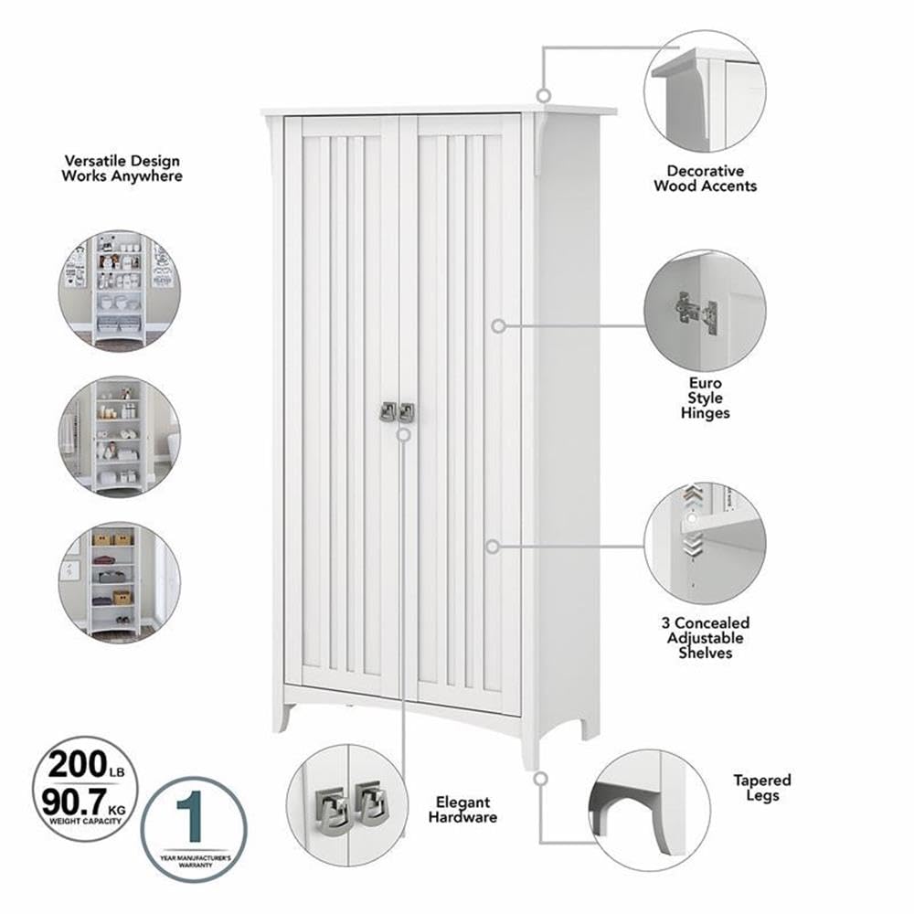 Pemberly Row White Transitional Bathroom Storage Cabinet with Doors - Perfect for Bathroom Organization, Linen Closet & Small Space Storage