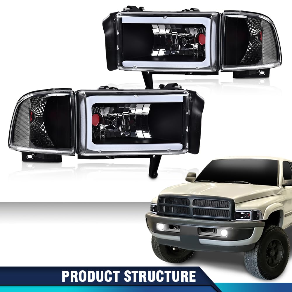 PIT66 LED Headlight Strip Kit for Dodge Ram 1500 1994-2001 & Ram 2500/3500 1994-2002 - Clear Lens, Black Housing, Clear Reflector (Excludes Sport & Ram Van Models) - Upgrade Your Truck Lighting for Night Driving & Off-Road Adventures