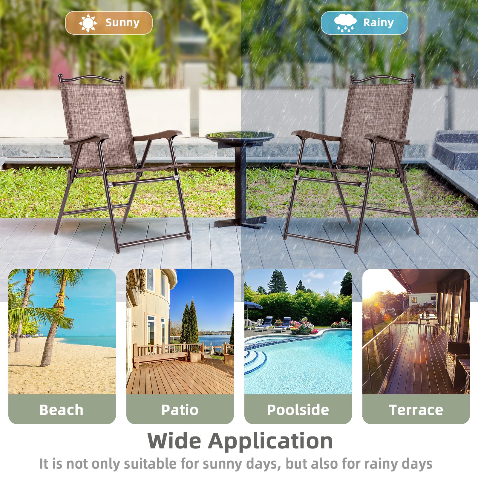 Byroce 2-Pack Patio Folding Chairs - Portable Lightweight Outdoor Lounge Chairs with Armrests & Metal Frame - Sturdy Foldable Sling Back Chairs for Garden, Beach, Camping, Picnic & Backyard (Brown)