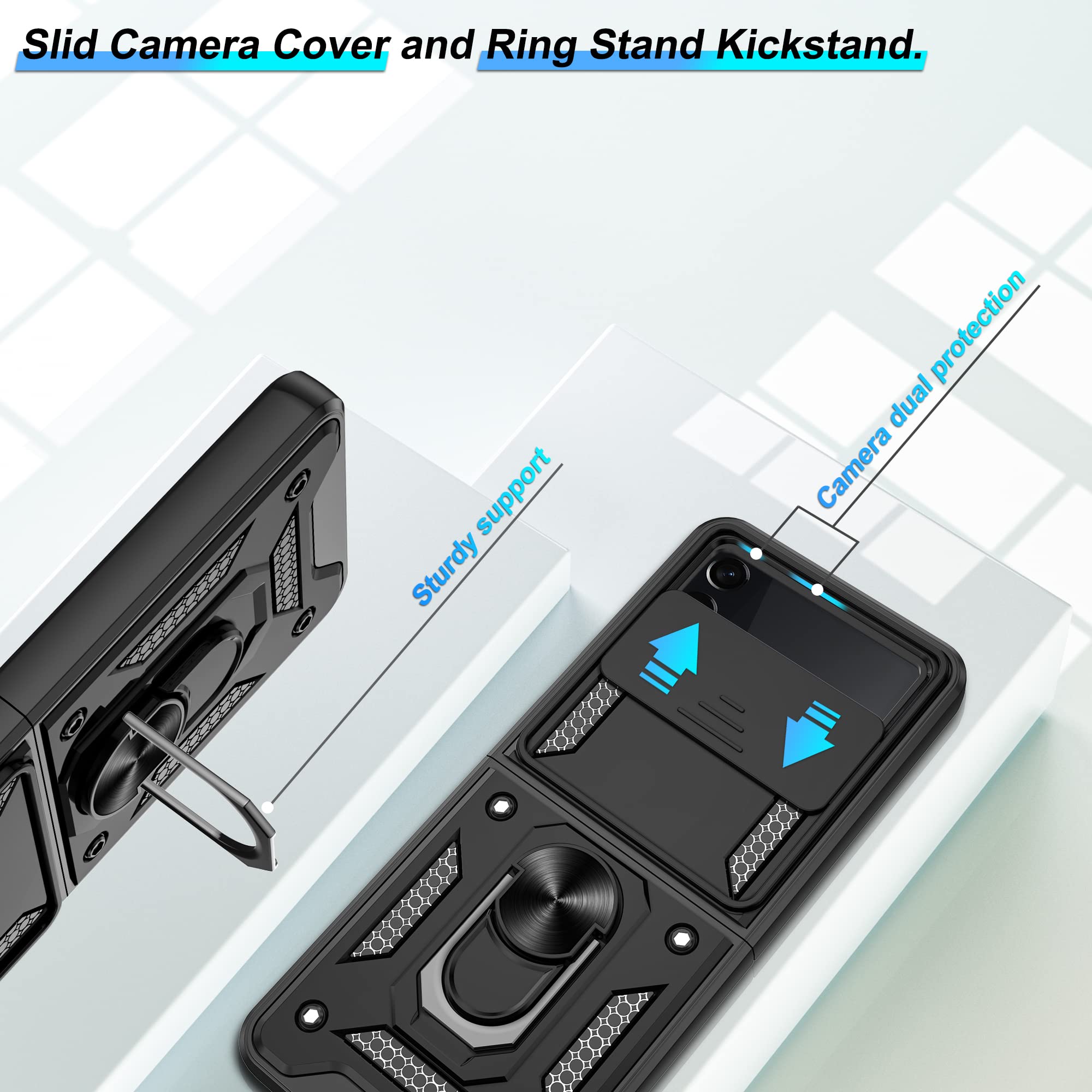**Military Grade Samsung Galaxy Z Flip 4 Case with Slide Camera Cover & 360° Rotating Ring Kickstand - Shockproof Protective Cover for Everyday Use, Travel, and Work (Black)**