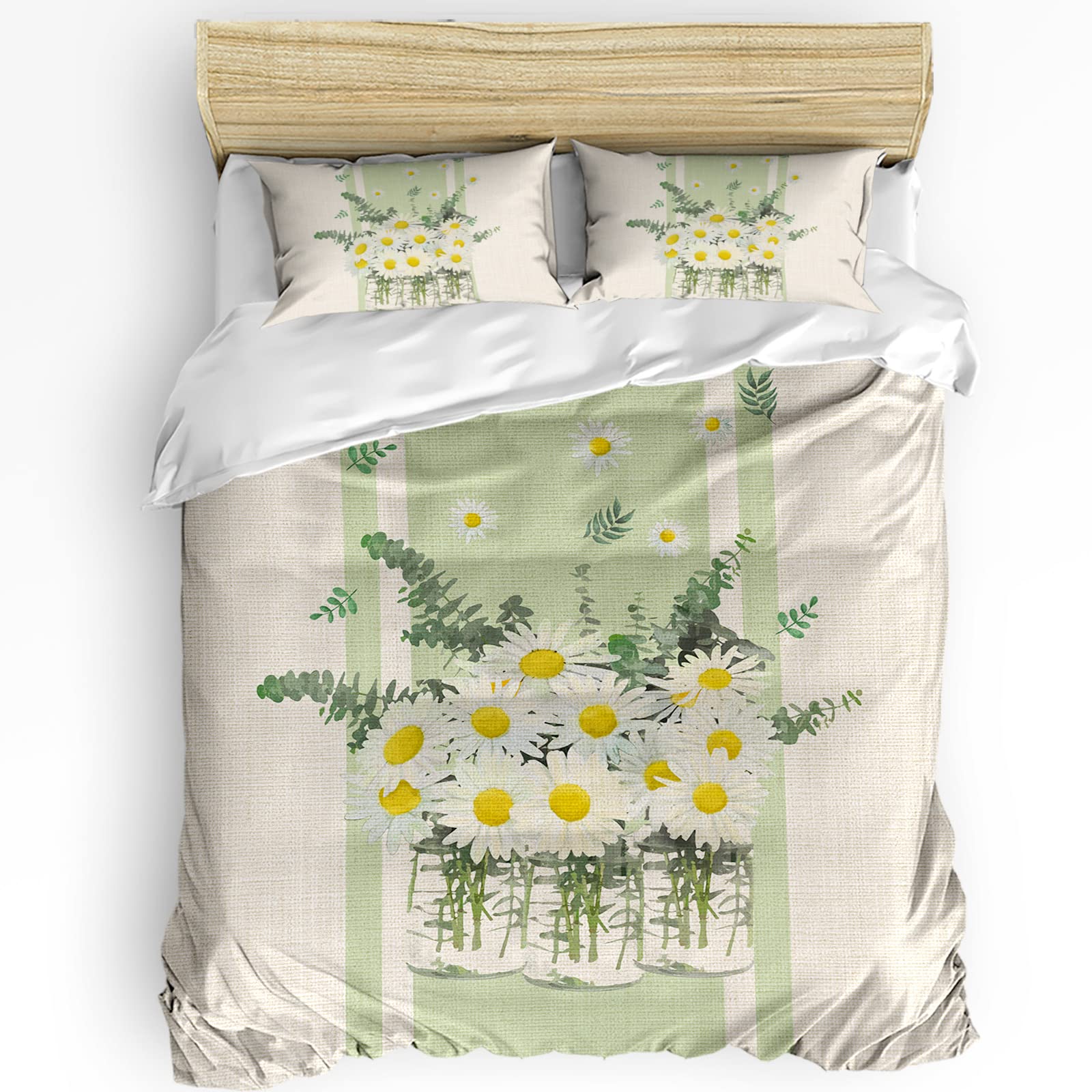 3-Piece Twin Size Bedding Set - Spring Daisies Watercolor Duvet Cover with 2 Pillowcases | Soft Breathable Microfiber for Kids, Teens & Adults | Farmhouse Chic Green & White Floral Design | Perfect for Summer Bedrooms, Guest Rooms & Dorm Decor