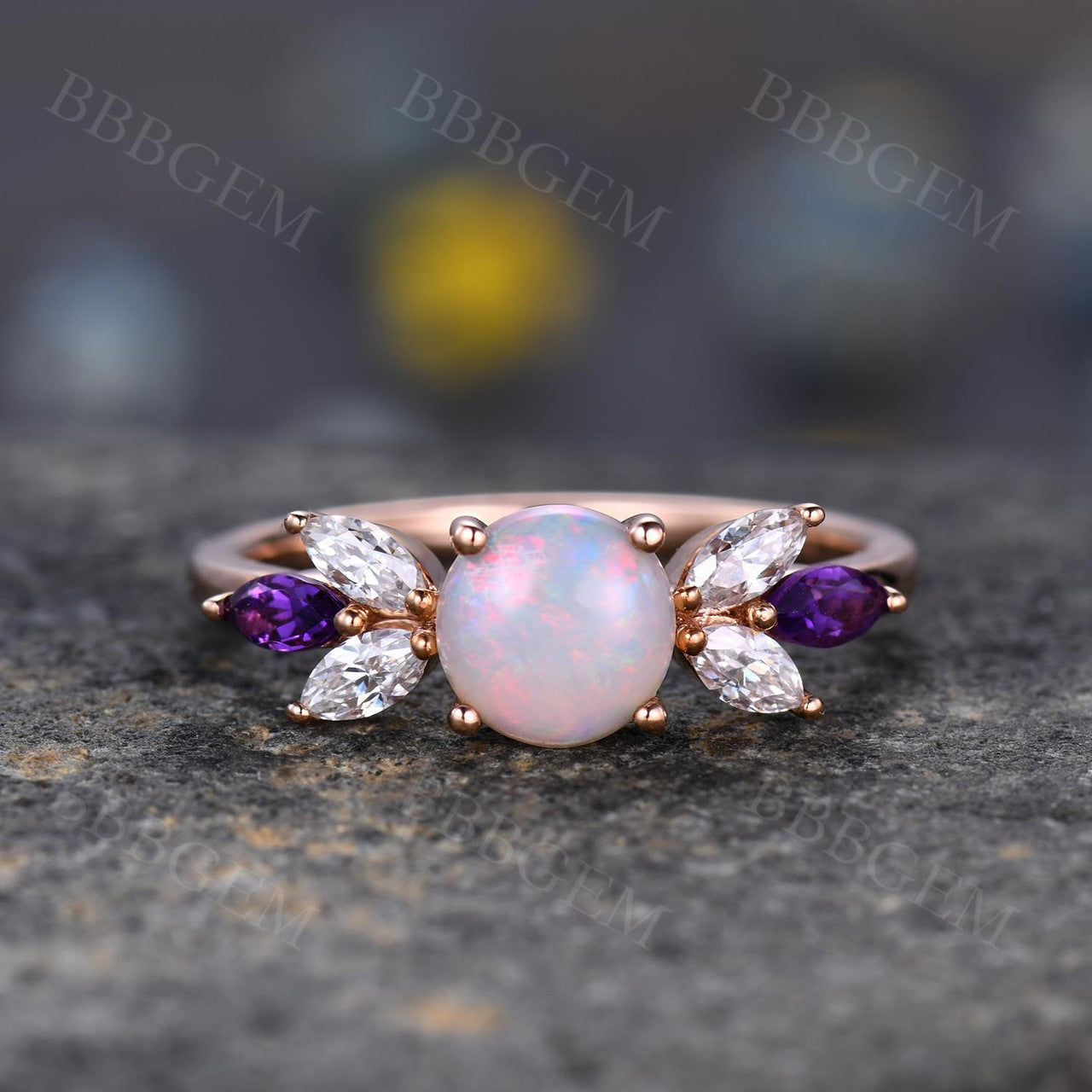 0.80CT Art Deco Style Round Cut White Fire Natural Opal Engagement Ring in 14K Rose Gold - Perfect for Wedding, Proposal & Anniversary Gifts
