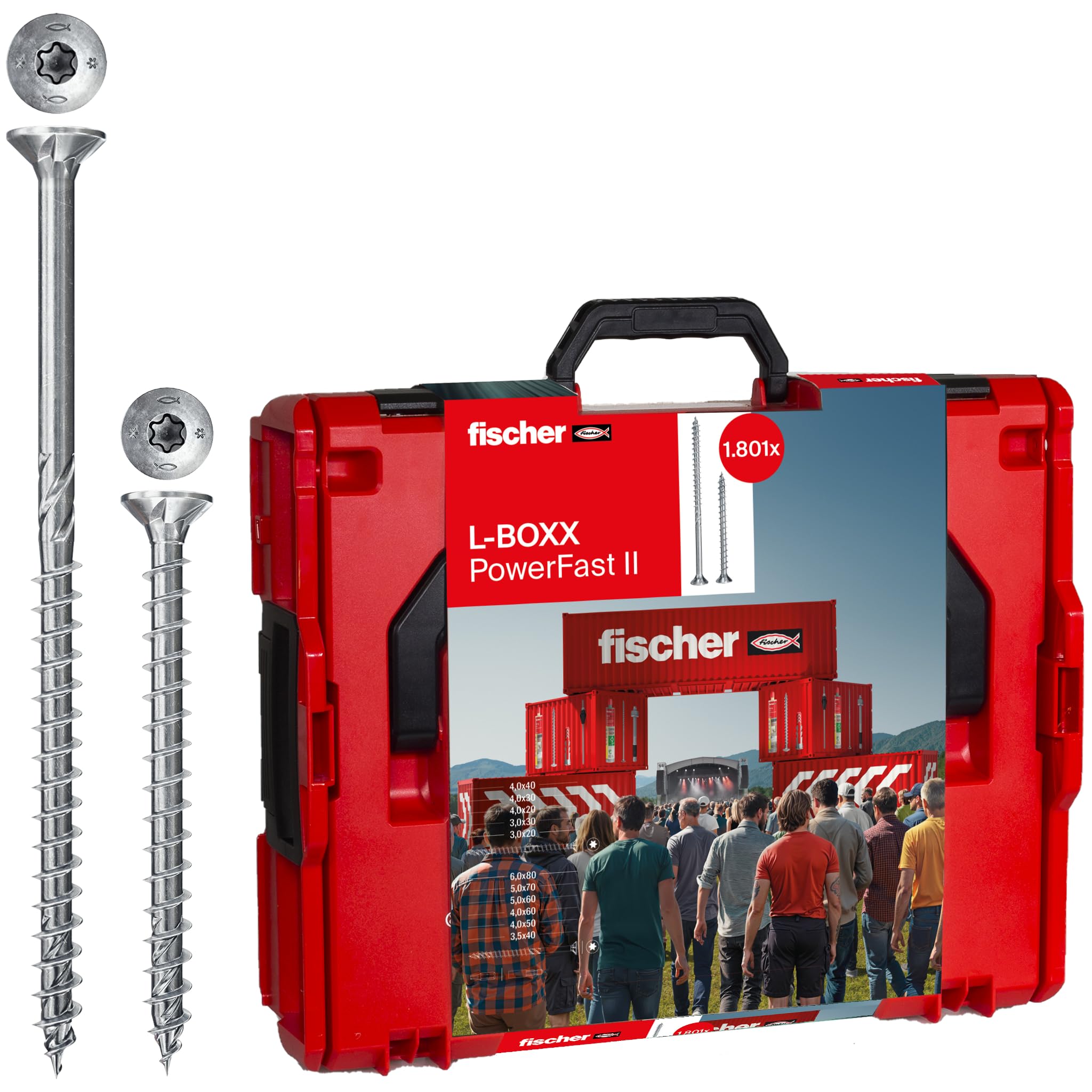 Fischer PowerFast II Screws 1800-Piece Assortment - Various Sizes with Full/Partial Thread - Chipboard Screws for Quick Installation - Includes Bit Set - Ideal for DIY Projects, Furniture Assembly & Home Renovations