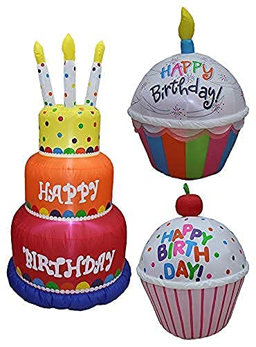 6ft Inflatable Happy Birthday Cake with 4 Candles & 4ft Cupcakes - Giant Birthday Party Decorations Set for Outdoor Indoor Celebrations, Graduations, Anniversaries