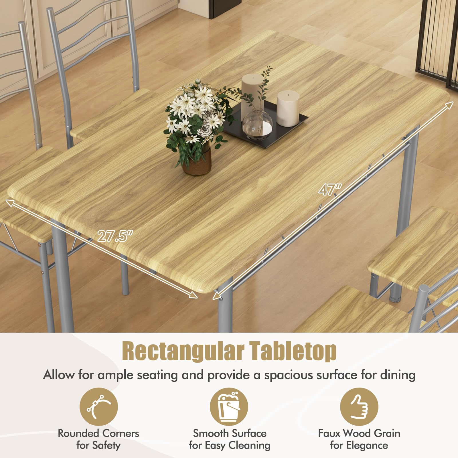 Giantex Modern 5-Piece Dining Table Set with 4 Chairs, Wood & Metal Kitchen Breakfast Furniture Set, Natural Finish - Perfect for Small Spaces, Apartments, and Cozy Family Meals