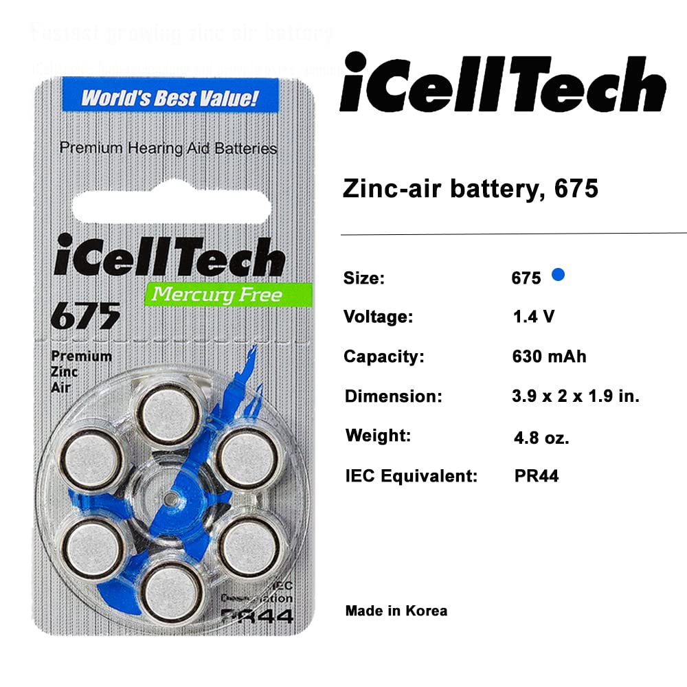 60 Pack iCellTech 675 Hearing Aid Batteries with Convenient Battery Caddy - Long-Lasting Power for Hearing Aids, Perfect for Travel & Daily Use