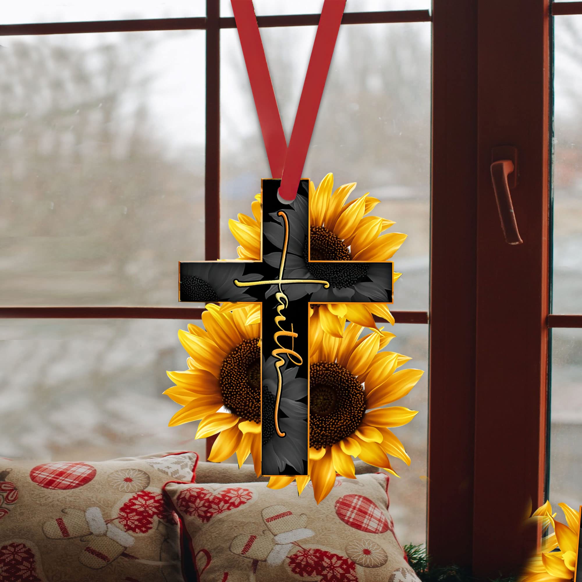 Faith-Inspired Sunflower Cross Car Rearview Mirror Charm - Christian 2D Flat Pendant Decor for Vehicles, Christmas Tree Ornament & Gift - Perfect for Daily Commute, Church Visits, and Holiday Decorations