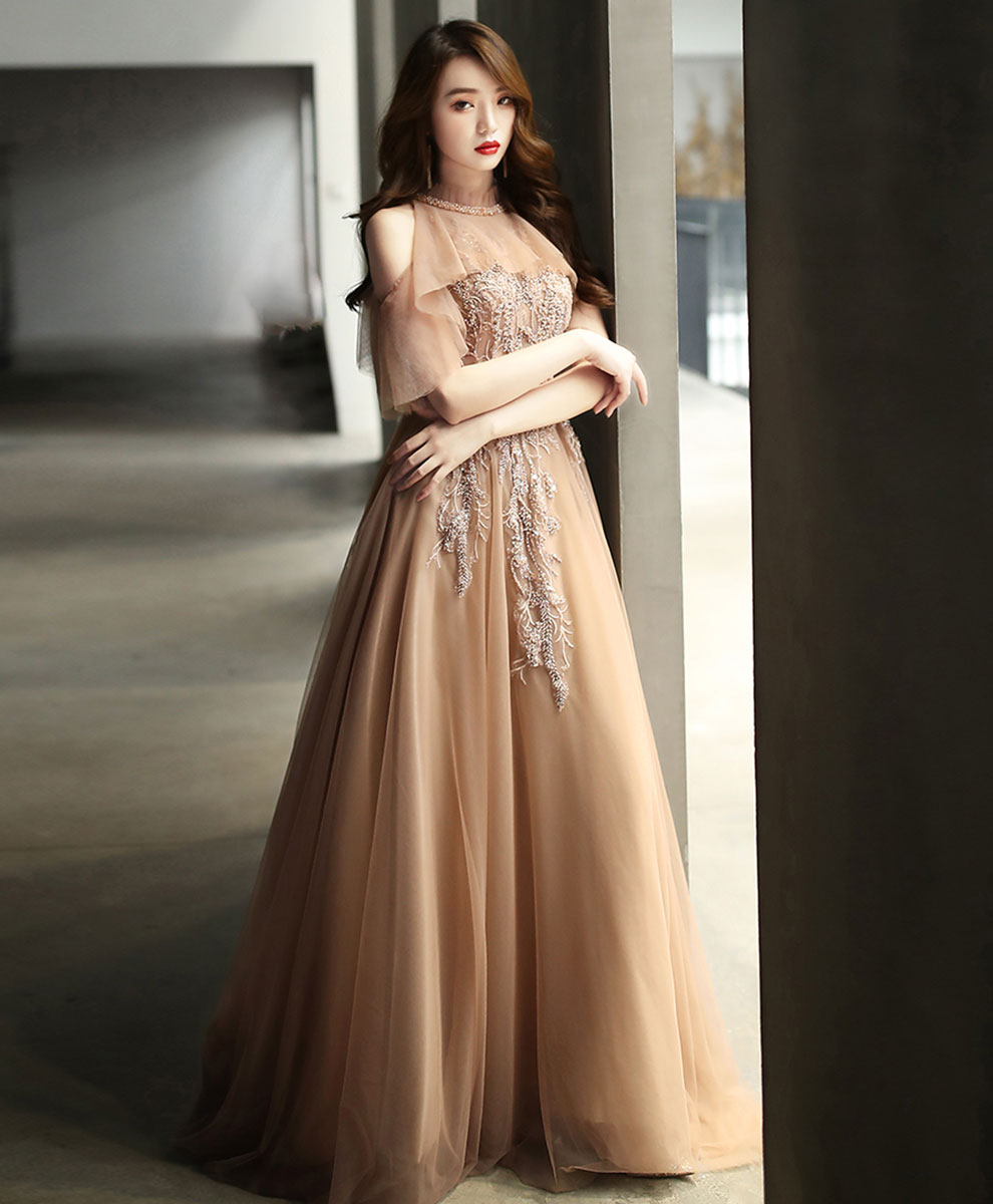 Elegant Champagne High Neck Tulle Lace Long Prom Dress for Women - Perfect for Formal Dances, Weddings & Special Occasions
