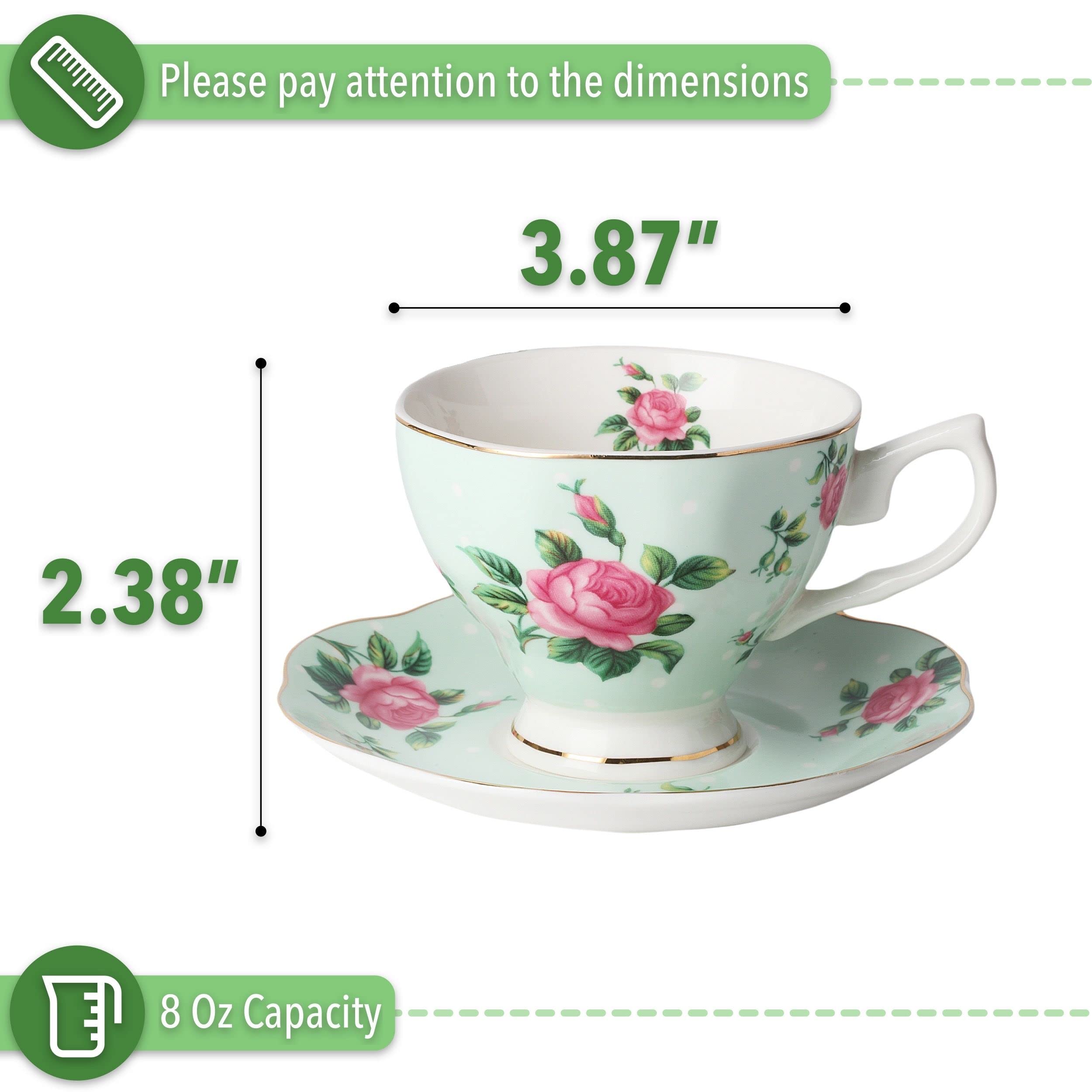 BTaT Floral Tea Cups and Saucers Set of 2 - 8oz Porcelain Coffee Cups with Gold Trim, British Style Tea Set for Women, Perfect for Afternoon Tea, Mother's Day Gift, Bridal Shower or Home Decor