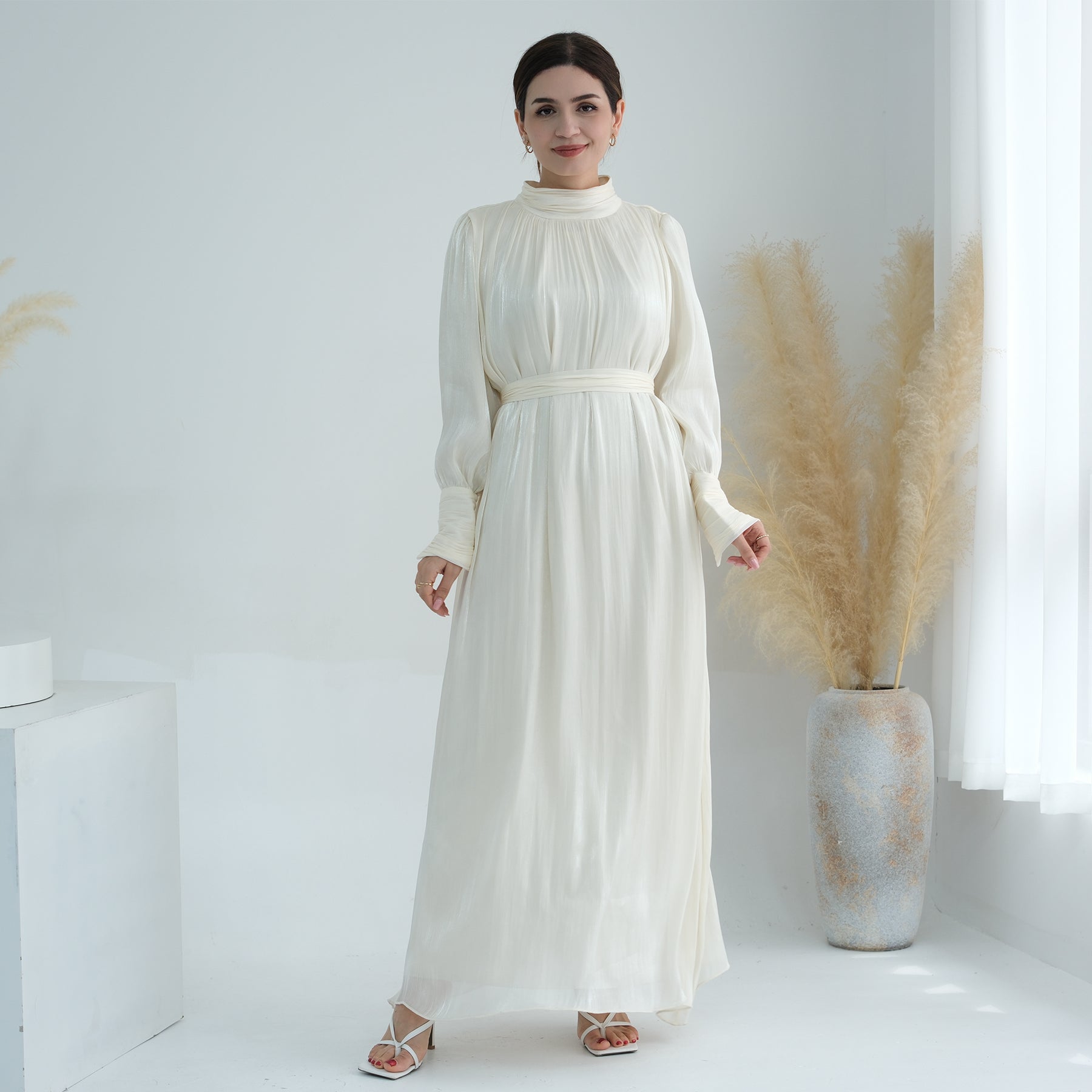Indira Sparkles Long Sleeve Maxi Dress Ivory - Elegant Evening Gown for Women, Perfect for Weddings, Parties & Special Occasions