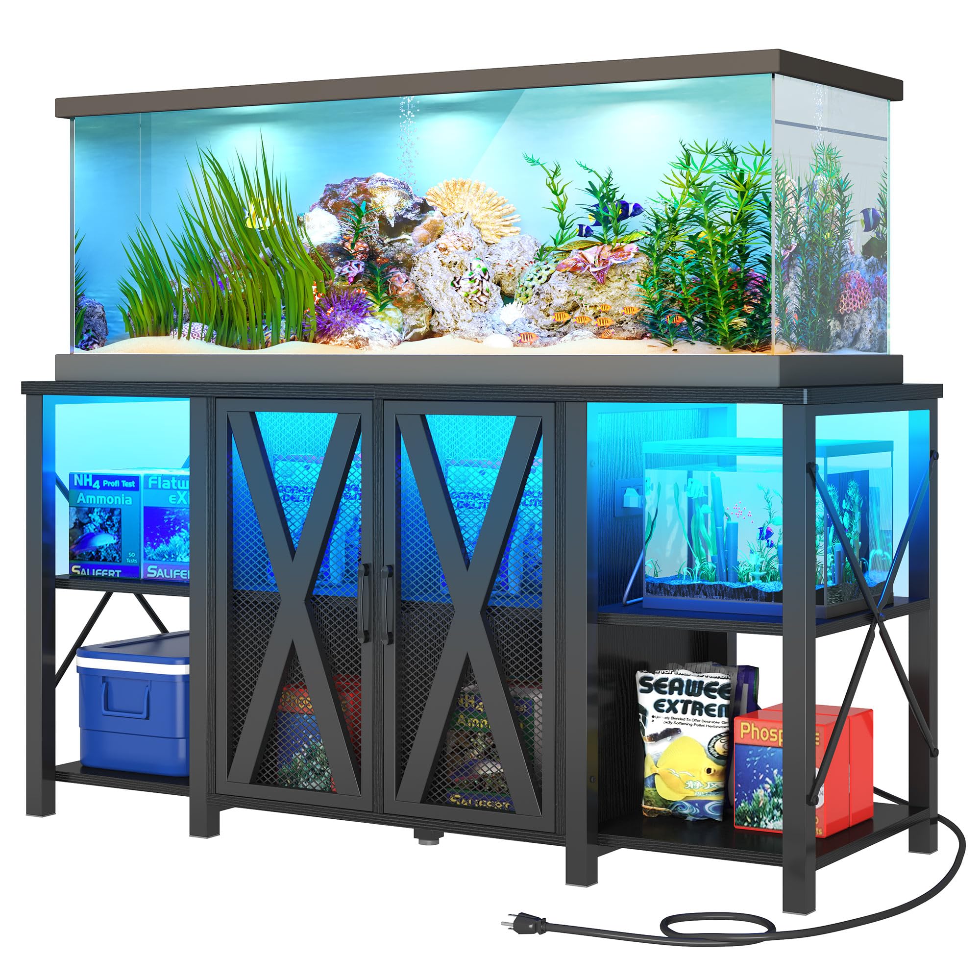 DWVO Heavy Duty 75/90/120 Gallon Reptile Tank Stand with Power Outlet & LED Light - 2000LBS Capacity Aquarium Cabinet for Turtle Tanks, Snake Terrariums, Fish Tanks - Perfect for Reptile Habitats, Home Decor & Pet Enclosures (Black)