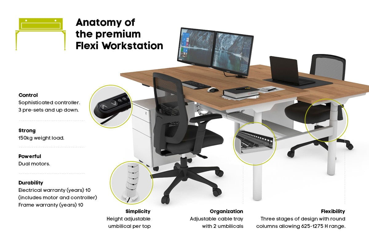 Flexi Premium Height Adjustable 2-Person H Bench Workstation - White Frame [1800L x 700W] - Ideal for Office, Home Workspace & Collaborative Environments