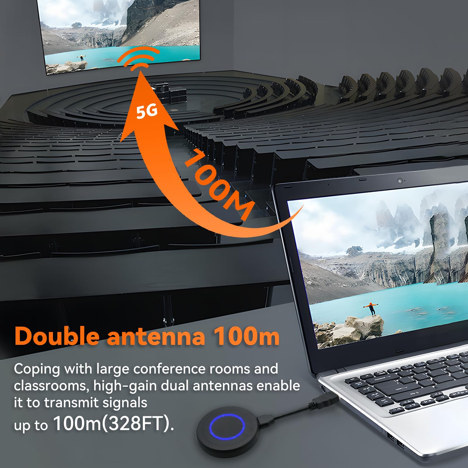 Wireless HDMI Transmitter and Receiver Kit - 1080P@60Hz Full HD HDMI VGA Extender Converter with 2.4/5G Dual Band, 100M/328FT Range - Stream Video & Audio from Laptop, PC, Camera to TV, Monitor, Projector for Home Theater, Gaming, Office Presentations