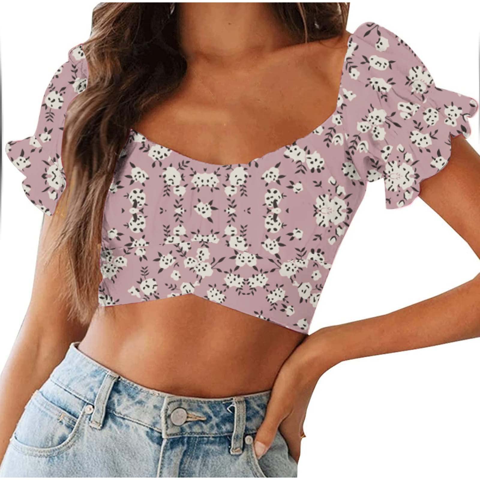 Funny Graphic Print Flared Sleeve Tie-Off Shoulder Crop Top - Women's Casual Short Sleeve Blouse for Summer Outfits, Parties & Streetwear Fashion | Activewear T-Shirt #751