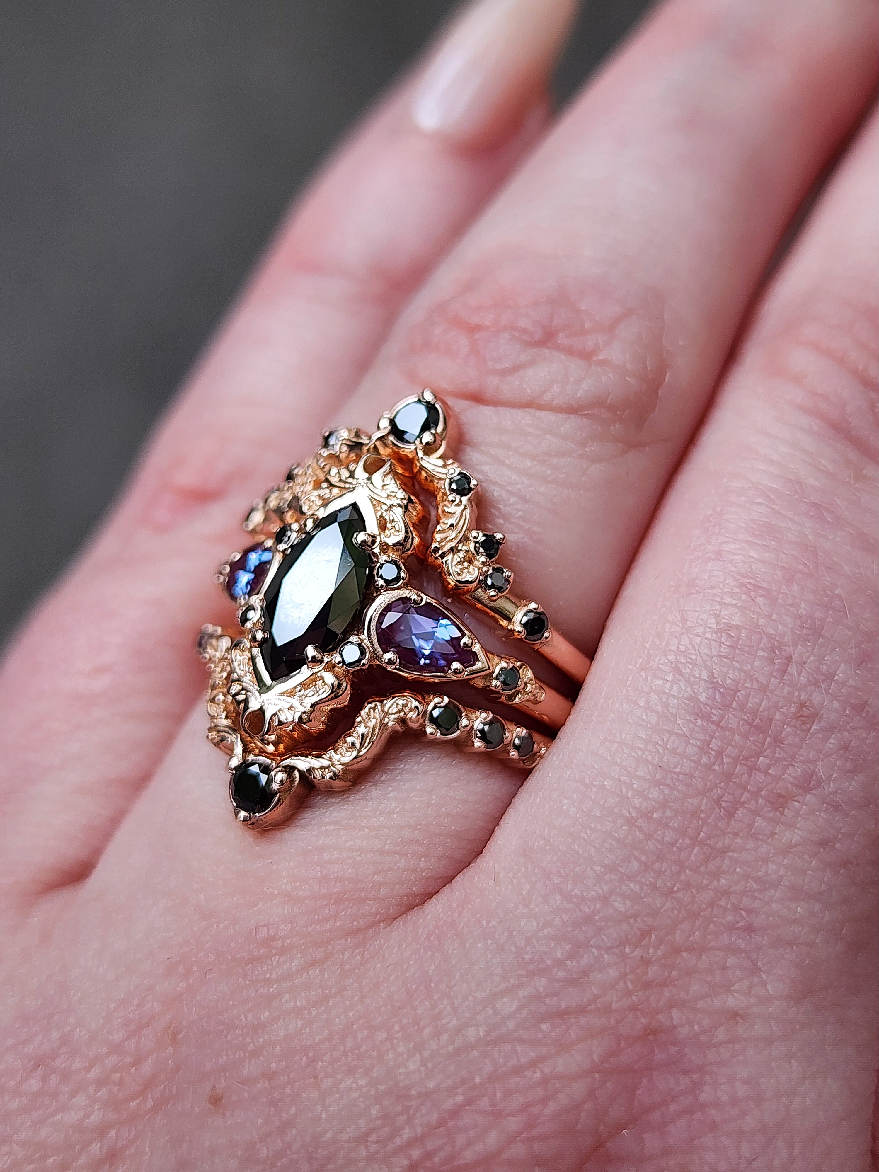 Odile Black Diamond Marquise Engagement Ring Set with Pear Side Stones & 14K Rose Gold Scrolls – Gothic Fairytale Dark Romance Wedding Jewelry for Brides & Alternative Fashion Lovers