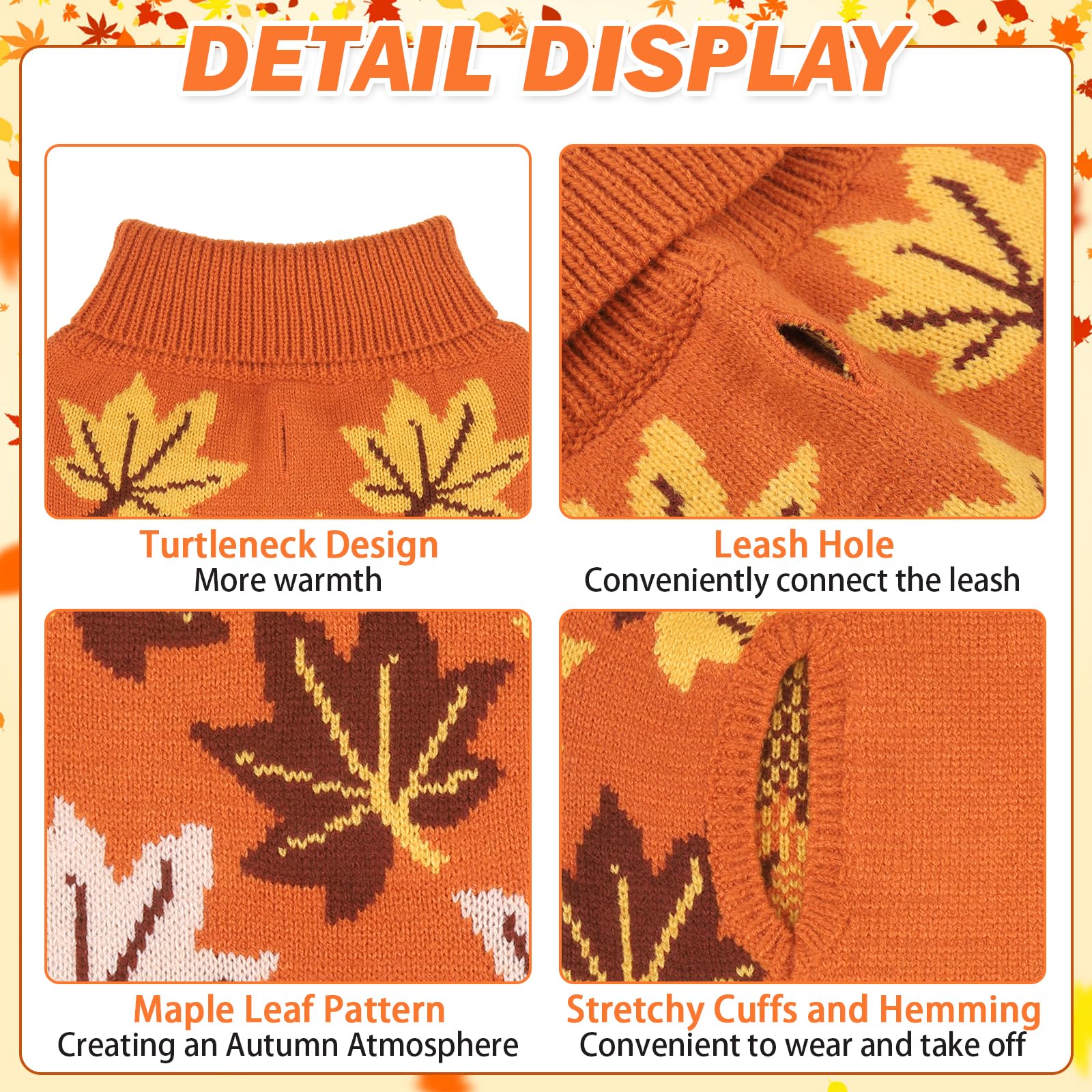 KOOLTAIL Dog Sweater - Warm Knitted Turtleneck Pullover for Cold Weather | Autumn Maple Leaf Pattern Pet Sweater | Winter Clothes for Small, Medium & Large Dogs | Cozy Outfit for Fall Walks & Indoor Comfort (Orange, XL)