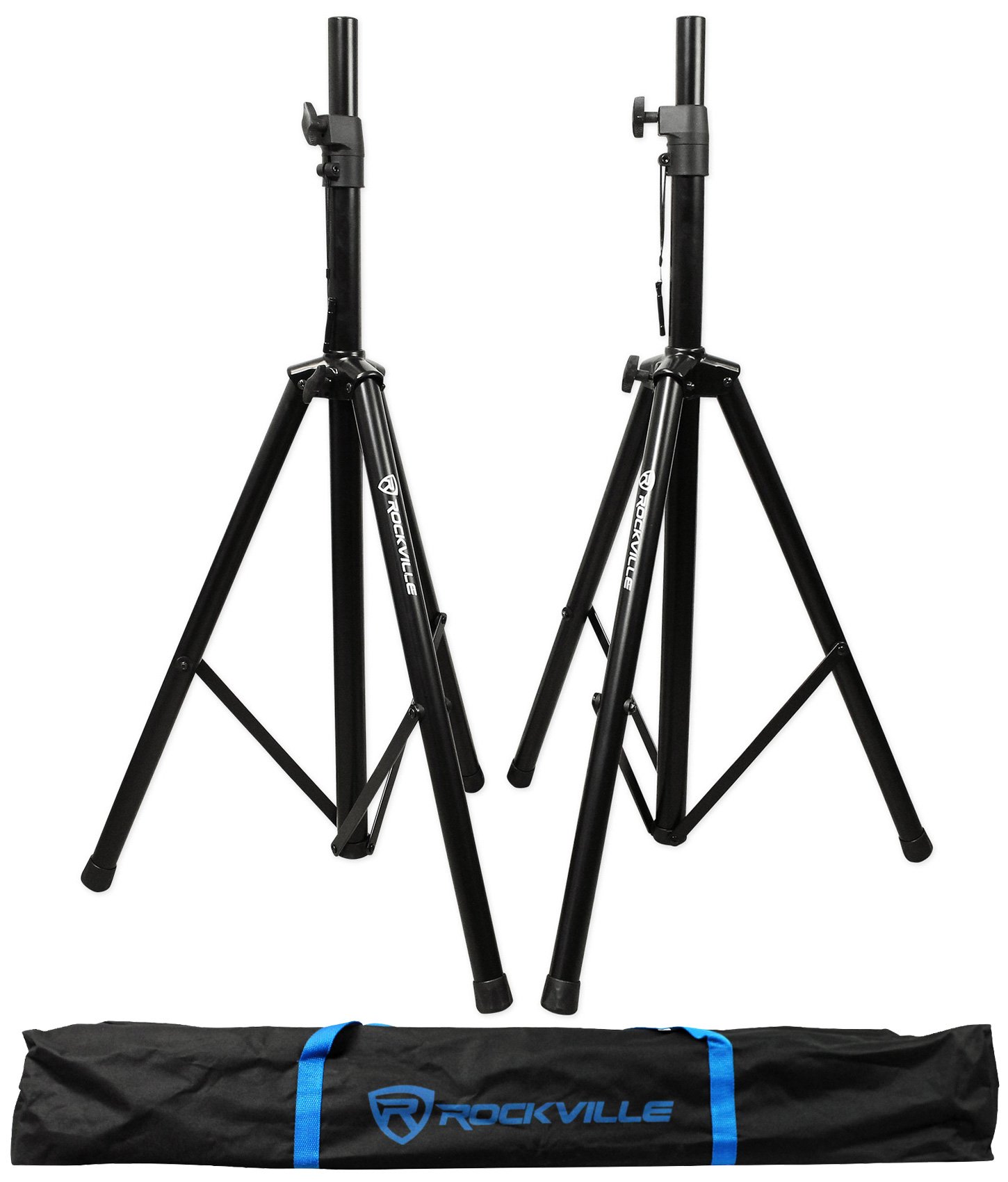 Rockville RVSS2 Black Tripod DJ PA Speaker Stands with Carrying Case - Heavy Duty Adjustable Speaker Stands for Live Performances, DJ Gigs & Home Studio Use