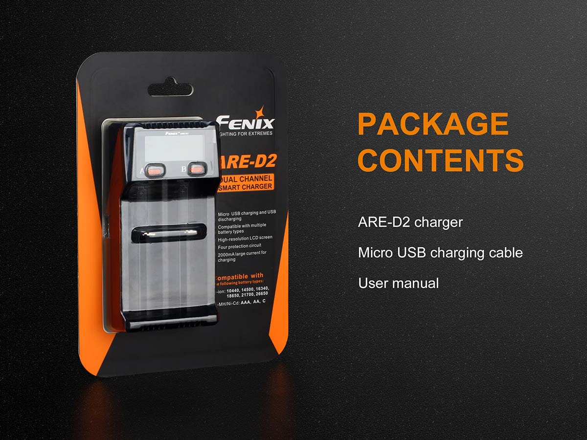 Fenix ARE-D2 Smart Battery Charger for AA AAA NiMH Li-ion - Fast Charging with LCD Display | Perfect for Home, Travel, and Emergency Kits