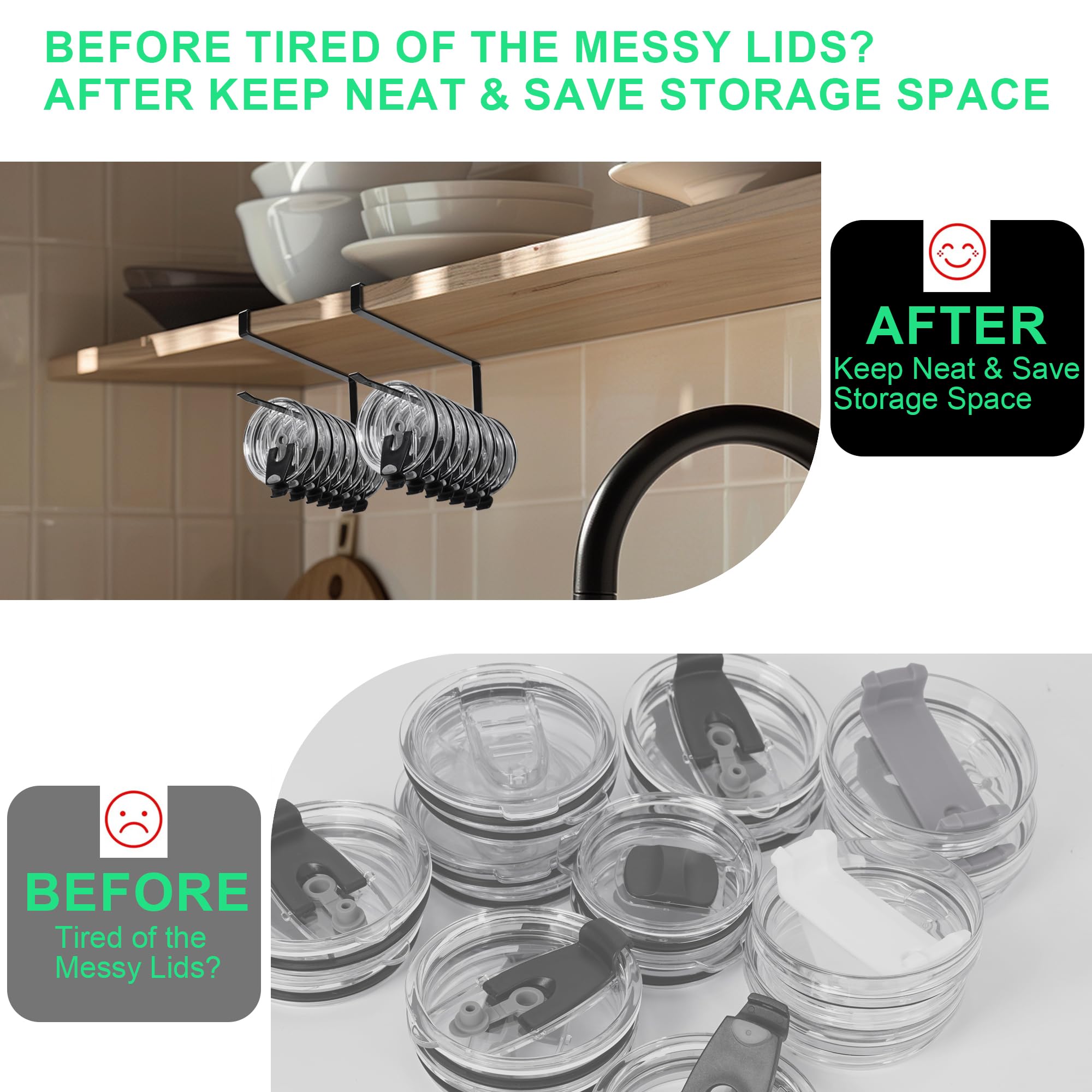 2-Pack Tumbler Lid Organizer - Hanging Cup Lid Storage Holder for Kitchen, Fits Up to 20 Lids, Space-Saving Clip-On Design (No Adhesive/Drilling Required) - Perfect for Coffee Mugs, Travel Cups & Water Bottles Organization