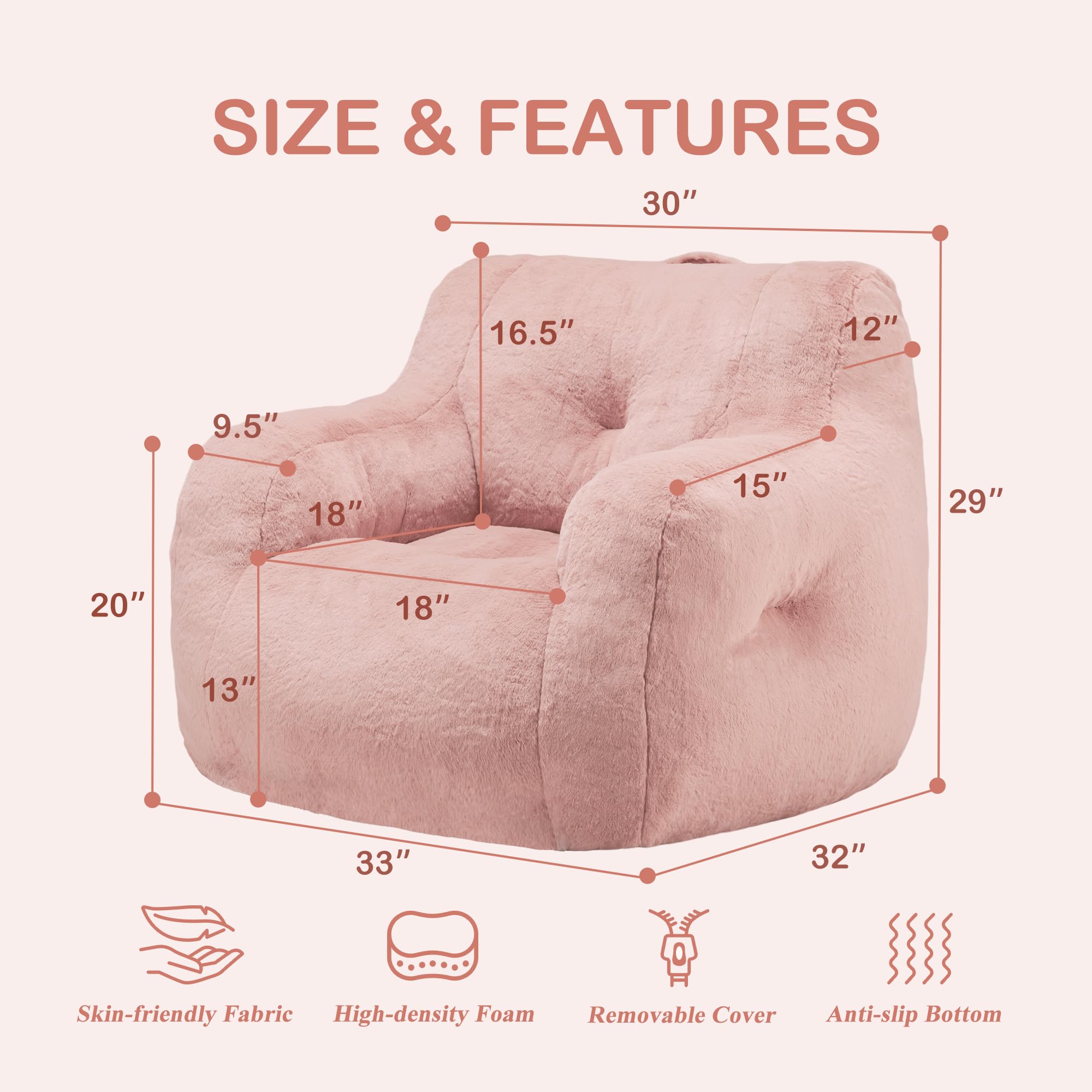 Hobestluk Furry Bean Bag Chair with Arms & Foam Filler - Small Bean Bag Sofa for Adults, Teens - Cozy Reading Chair for Bedroom, Living Room, Dorm, Game Room - Soft Pink Plush Seating (Pink)