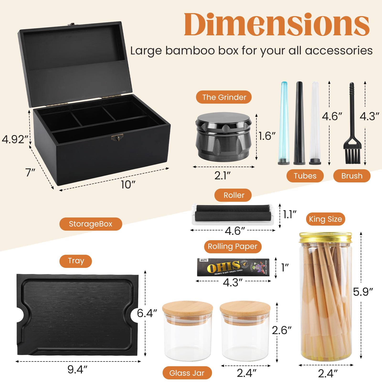 Premium Large Bamboo Storage Box with Removable Tray - Decorative Organizer Set with Glass Jars & Wooden Accessories for Home, Office, Bathroom & Craft Room Organization (Black)