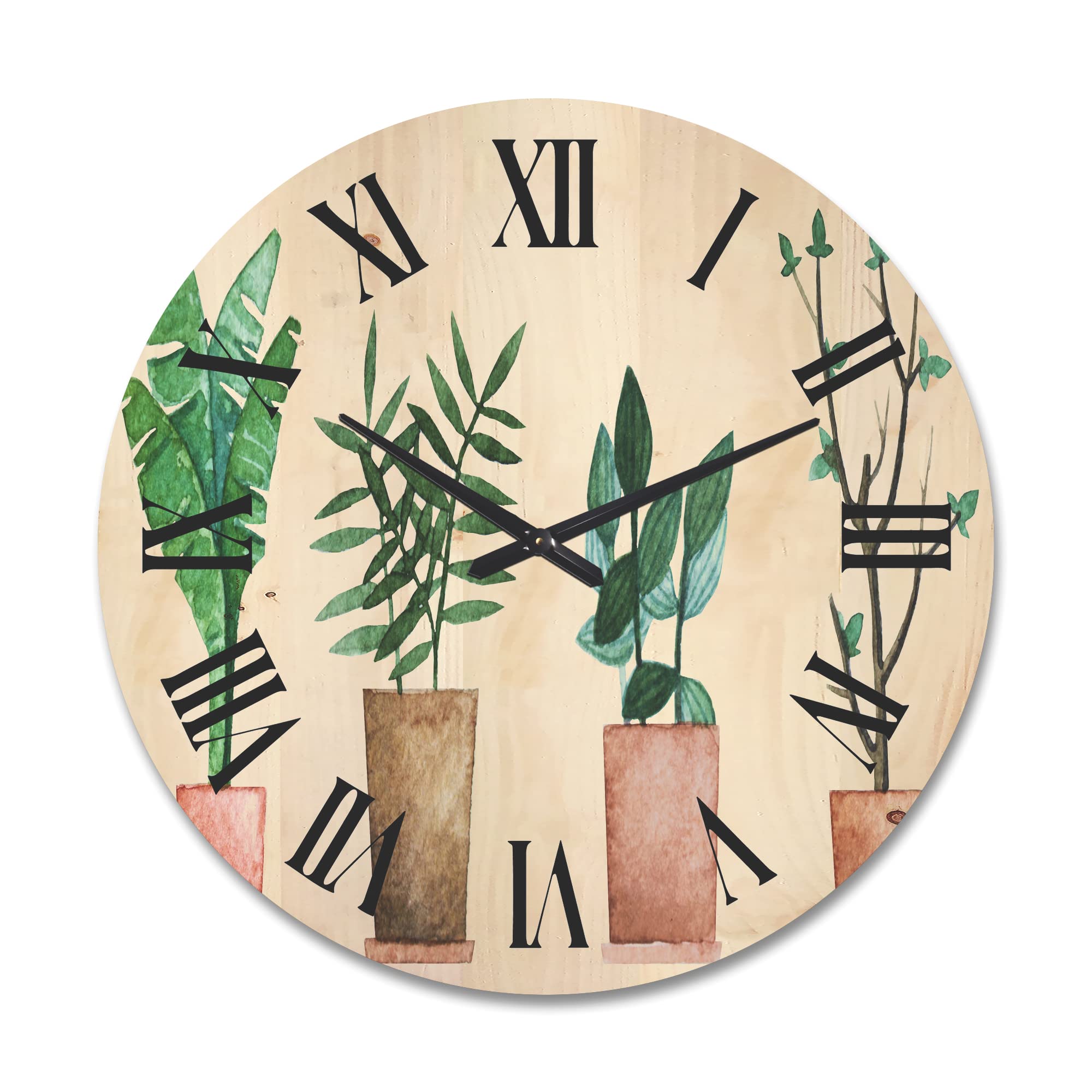 Farmhouse Wood Wall Clock - Large Decorative Floral & Botanical Oversized Wooden Clock with Potted Plant Design for Living Room, Bedroom, Office Décor | Perfect Rustic Home Decor Gift