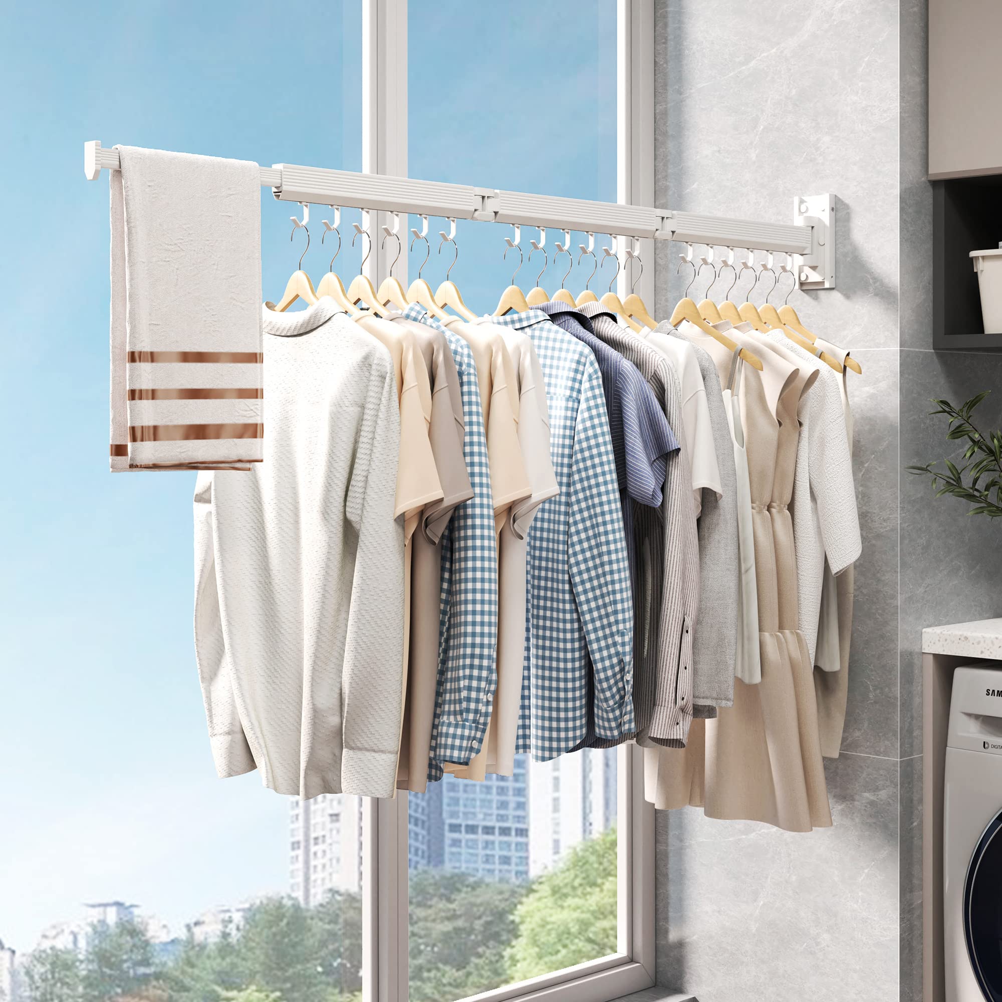 Wall Mounted Drying Rack - Foldable & Retractable for Laundry - White