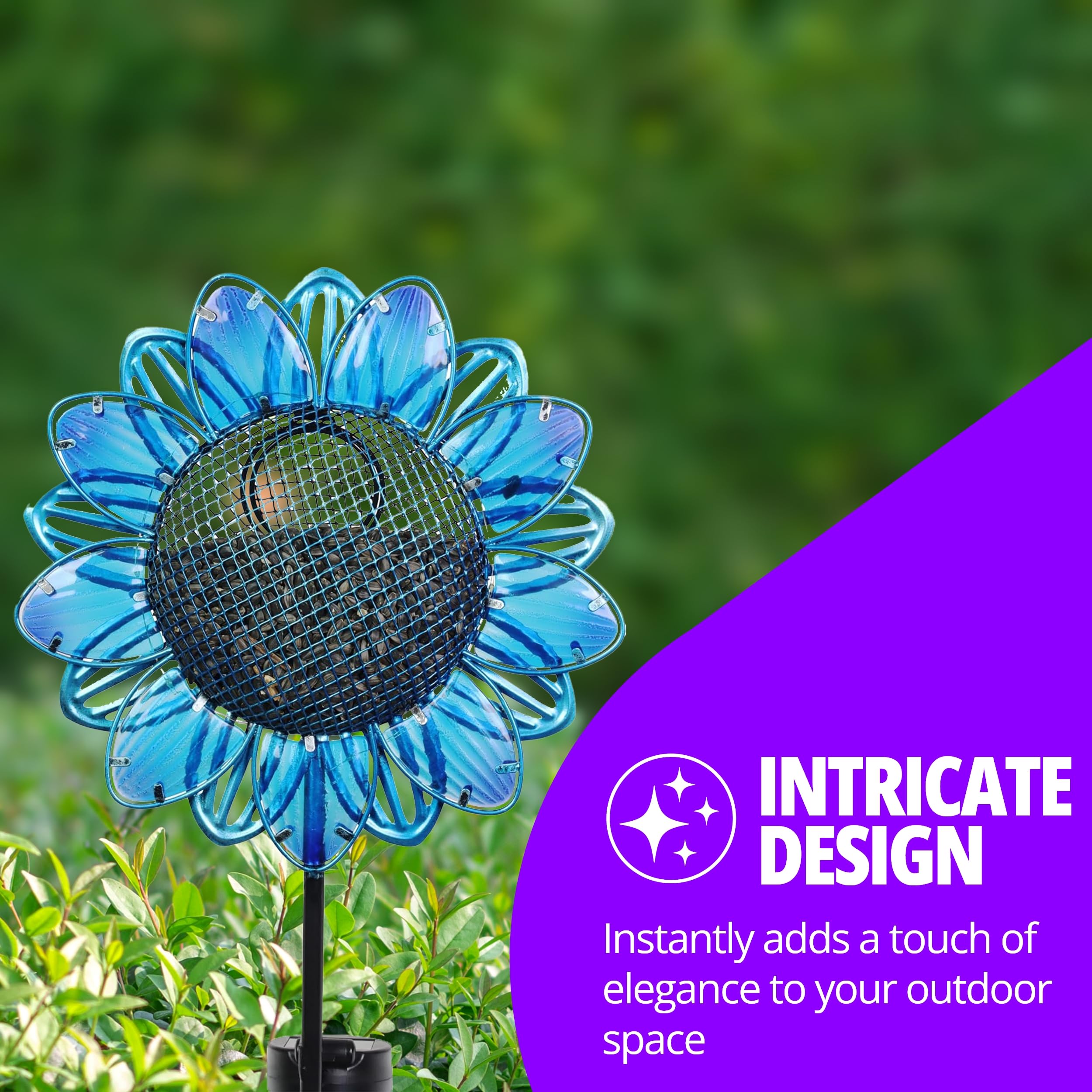 Exhart Solar Garden Lights - Sunflower Stake with Bird Seed Feeder - 9 LED Outdoor Decorative Light for Yard, Patio & Pathway - Blue Glass & Metal Design (11 x 3.5 x 36.5 Inch) - Perfect for Garden Decor, Bird Watching & Nighttime Illumination