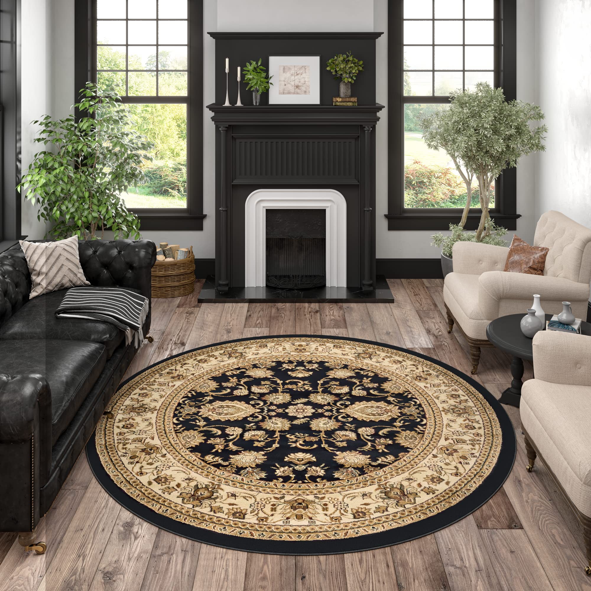 8ft Round Indoor Area Rug for Living Room, Dining Room, Bedroom, Entryway - Traditional Oriental Black Carpet (7'11