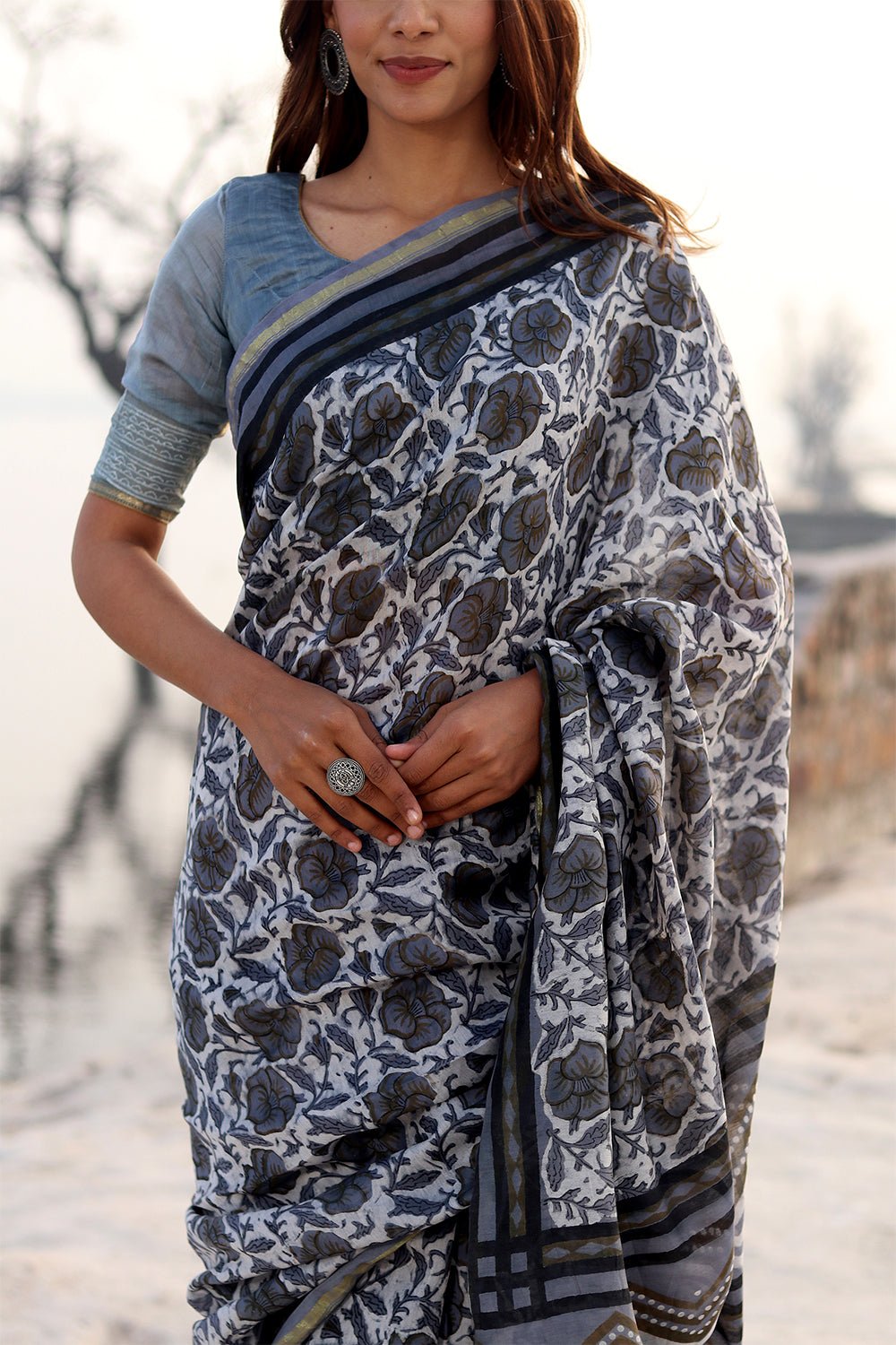 Foggy Daze Handblock Printed Chanderi Saree - Elegant Traditional Indian Saree for Women | Perfect for Weddings, Parties & Festive Occasions