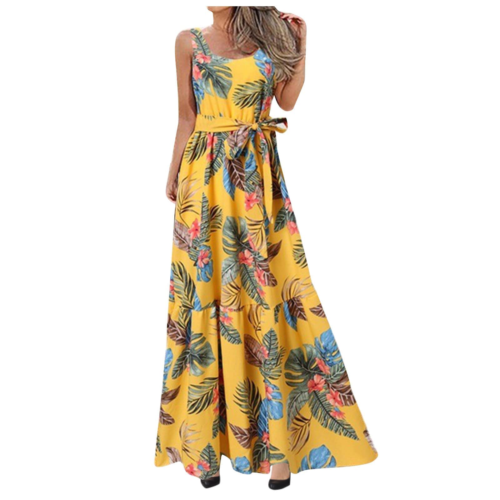 Sexy Strappy Summer Dress for Women - Tropical Print Flowy Long Dress with Tie Waist, Casual Beach Wedding Guest Dress | Perfect for Vacations, Parties & Date Nights