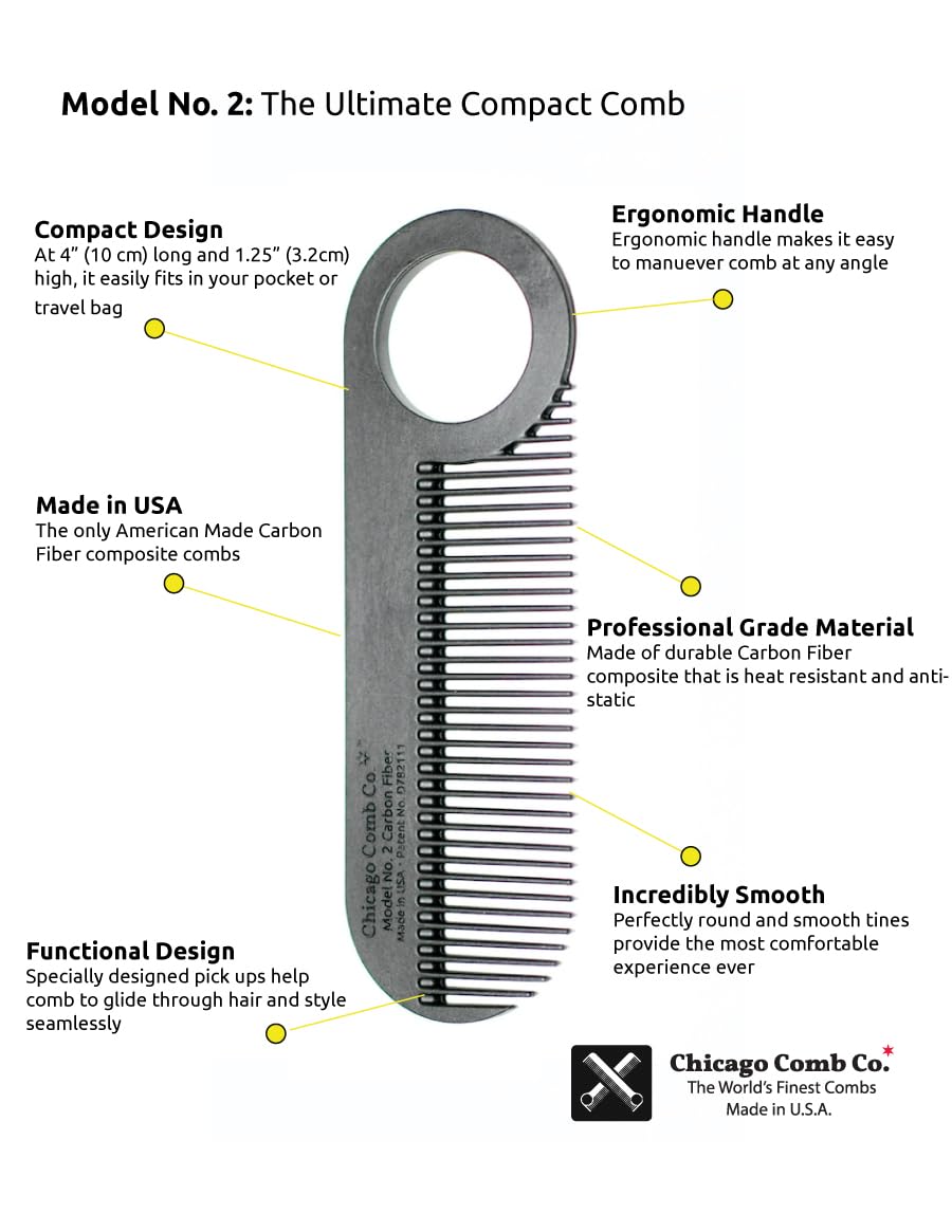 Premium Chicago Comb No. 2 - Carbon Fiber Comb with Black Horween Leather Sheath - Made in USA - Graphite Black & Dublin Black - Perfect for Travel, Grooming & Everyday Carry (EDC)