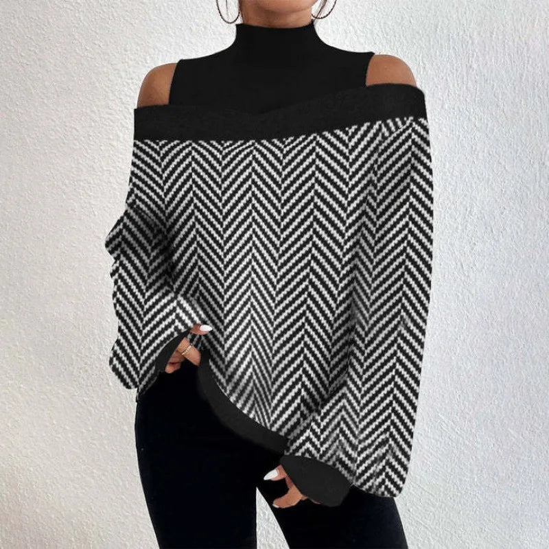 2024 Women's Long Sleeve Turtleneck Tops - Sexy Off Shoulder Hollow Out Loose Print T-Shirt | Autumn Fashion Casual Wear for Date Night, Office & Weekend Outfits