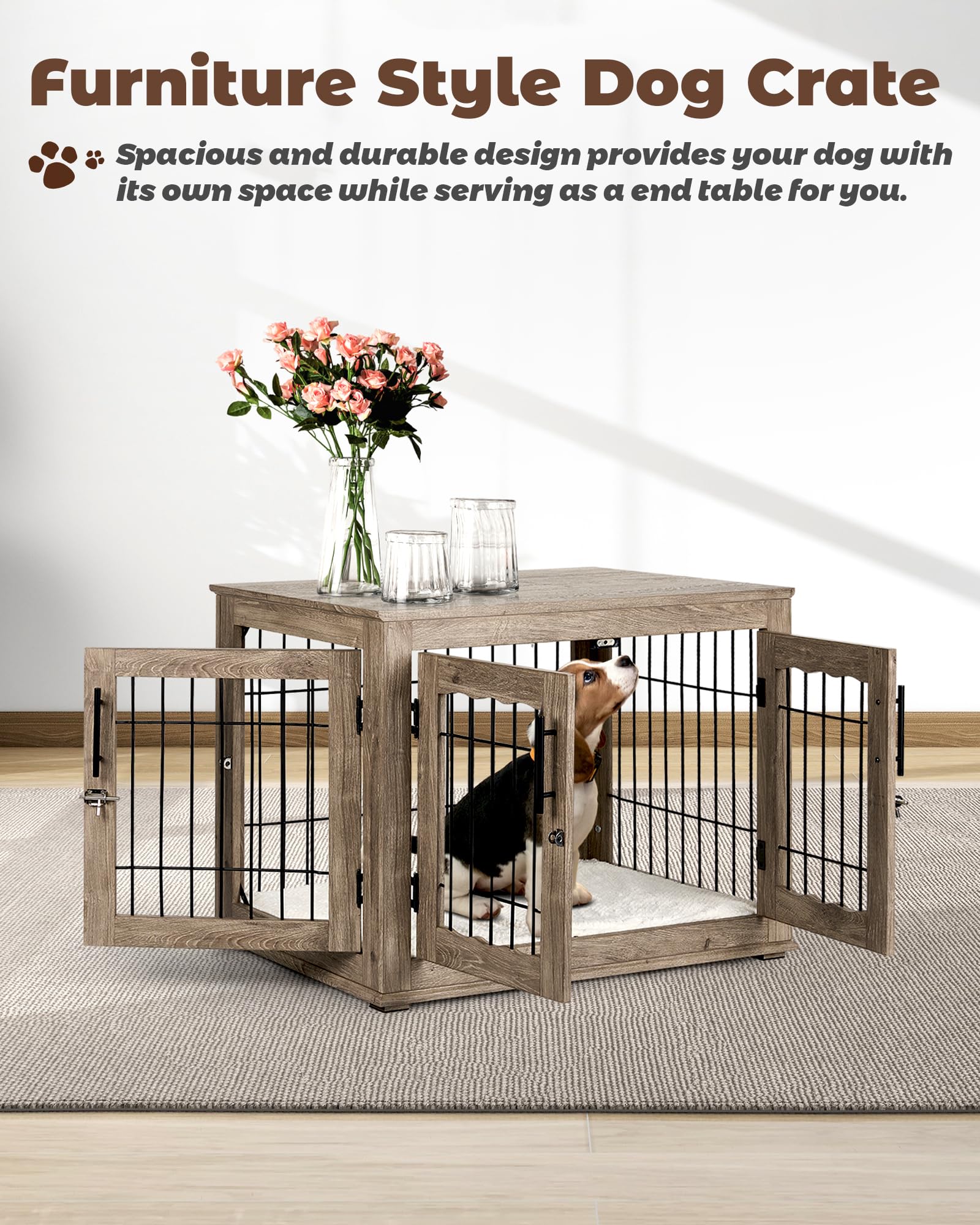 32 Inch Wooden Dog Crate Furniture with Bed Mat - Medium Dog Kennel with 3 Doors, End Side Table Design in Greige | Perfect for Living Room, Bedroom & Home Decor