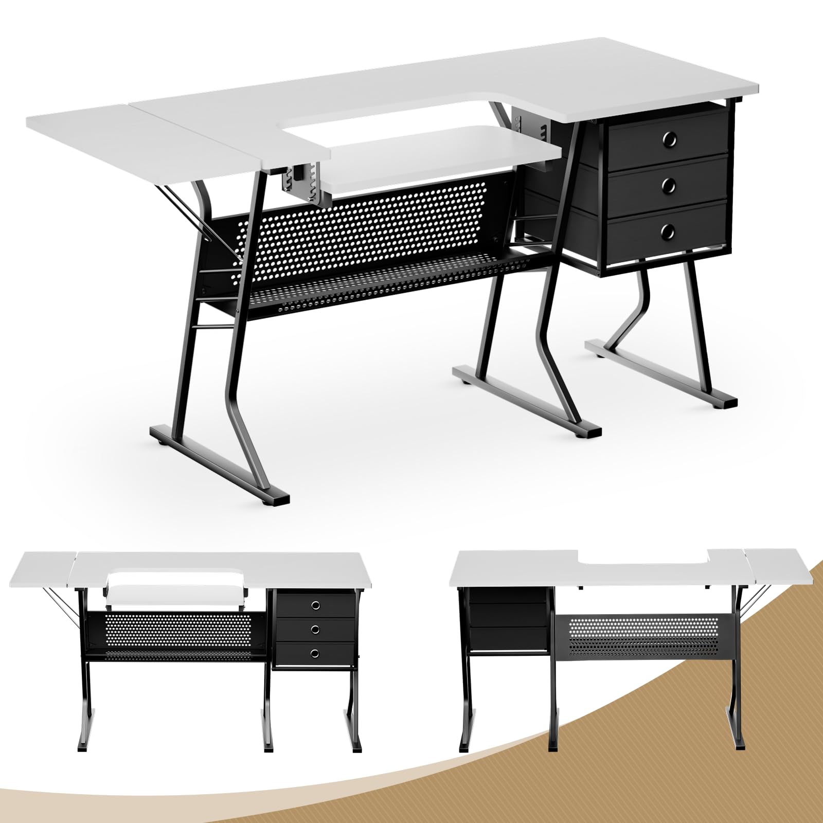 MoNiBloom 60 Inch Large Sewing Craft Table with Adjustable Shelf, Spacious Cutting Area & Storage Drawer - Sturdy Multi-Functional Sewing Machine Table & Computer Desk for Quilting, DIY Projects & Home Office Workspace