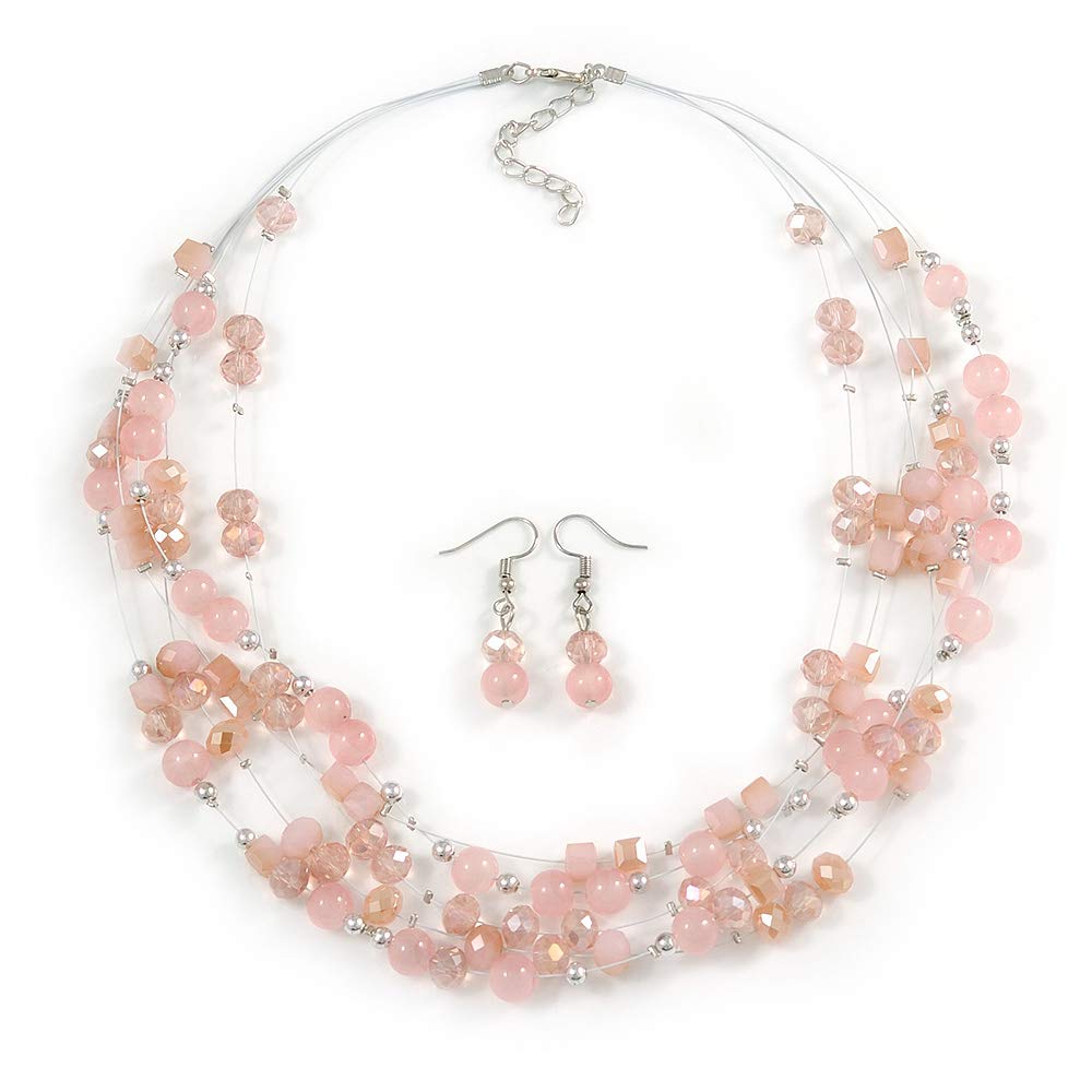 Elegant Light Pink Glass & Crystal Floating Bead Necklace and Drop Earring Set - 48cm Length with 5cm Extender - Perfect for Weddings, Parties, and Special Occasions