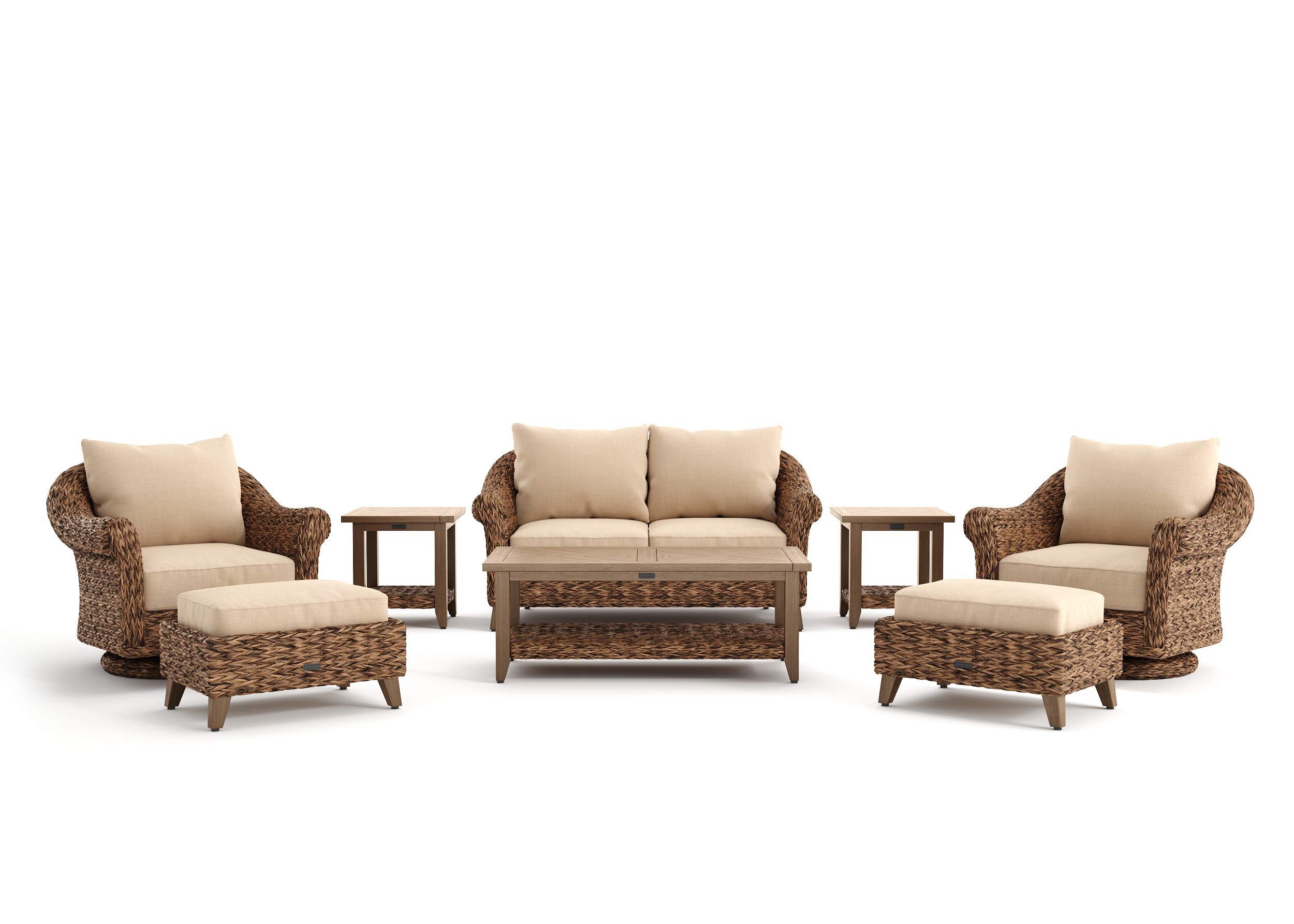 Winston Cayman 8-Piece Loveseat Set with Swivel Glider Lounge Chair, Coffee Table, Ottoman & Side Table - Heritage Brown Frame & Seagrass Weave - Sunbrella Heather Beige Fabric - Perfect for Patio, Deck, Poolside & Outdoor Living Spaces