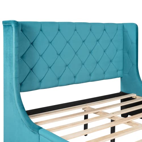 Queen Size Storage Bed with Drawer - Velvet Upholstered Platform Bed Frame with Wingback Headboard & Wooden Slat Support - Modern Blue Bedroom Furniture for Small Space & Guest Room - Perfect for Apartments, Dorms & Master Bedrooms