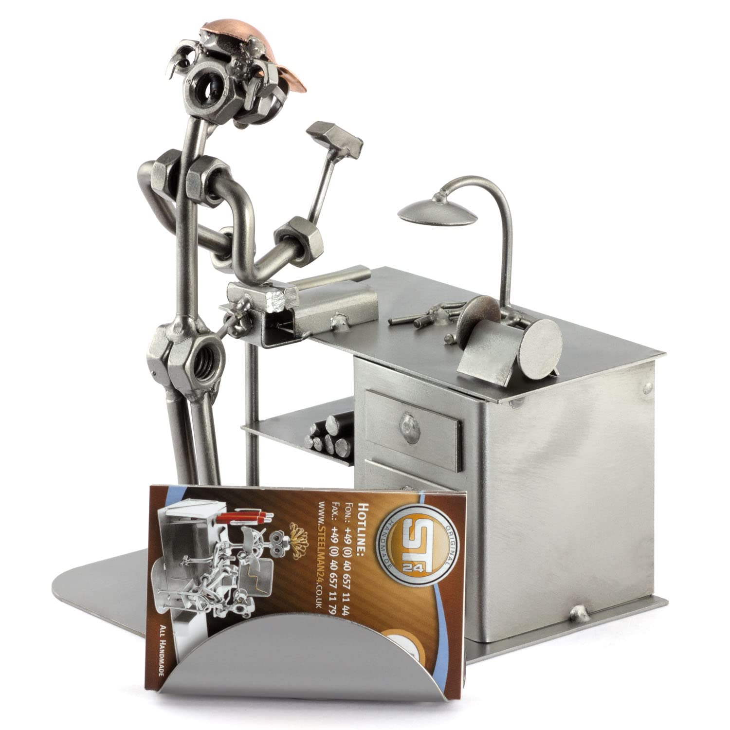 Handmade Metal Locksmith Sculpture with Business Card Holder - Nuts & Bolts Figurine Made in Germany | Unique Office Desk Decor & Gift for Professionals