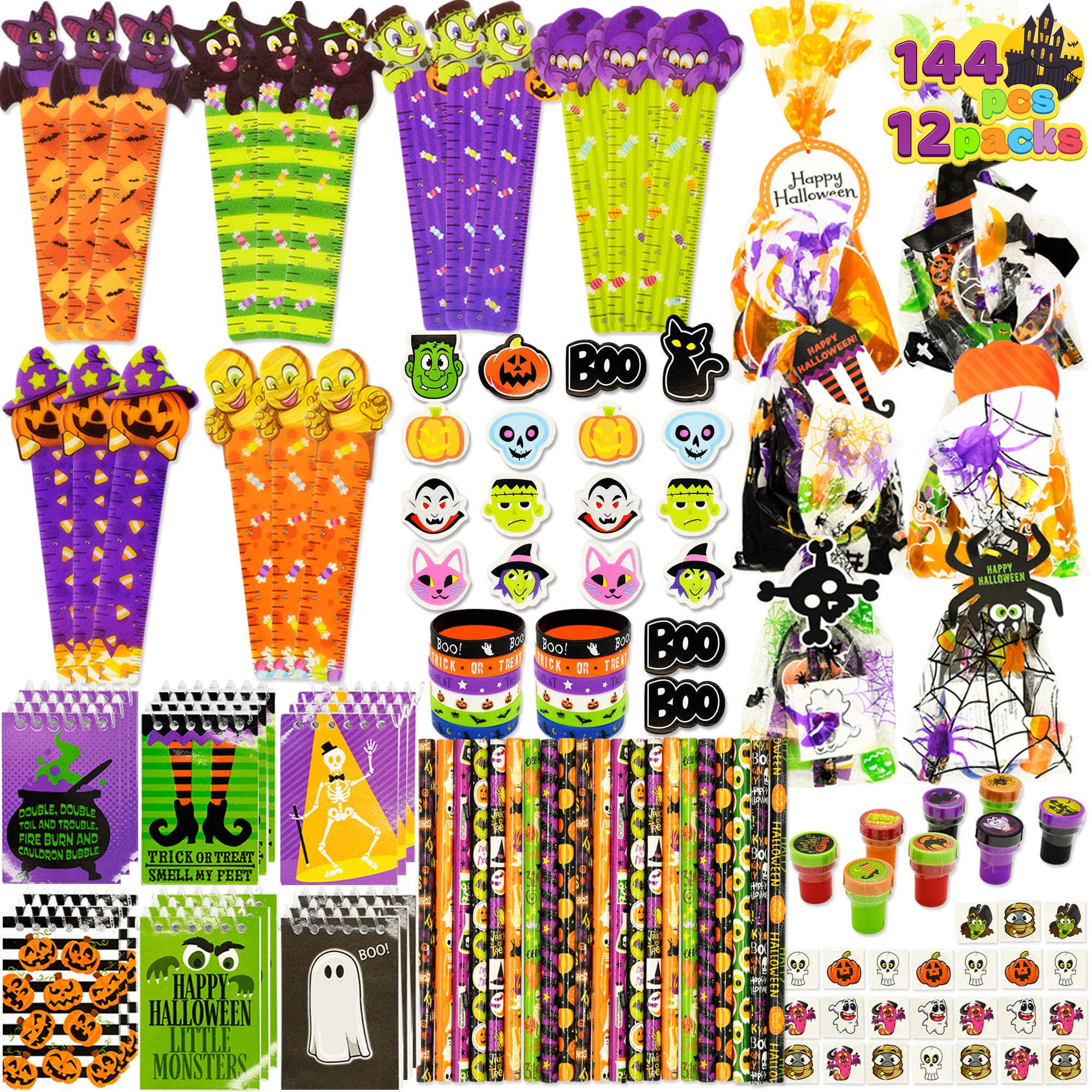 JOYIN 144 PCS Halloween Stationery Set for Kids - 12 Pack Prefilled Goody Bags with Gift Tags, Includes Halloween Themed Pencils, Rulers, Erasers, Notepads, Foam Stickers, Stamps, Silicone Wristbands & Temporary Tattoos - Perfect for Trick or Treat, Halloween Party Favors, Classroom Exchange & Game Prizes