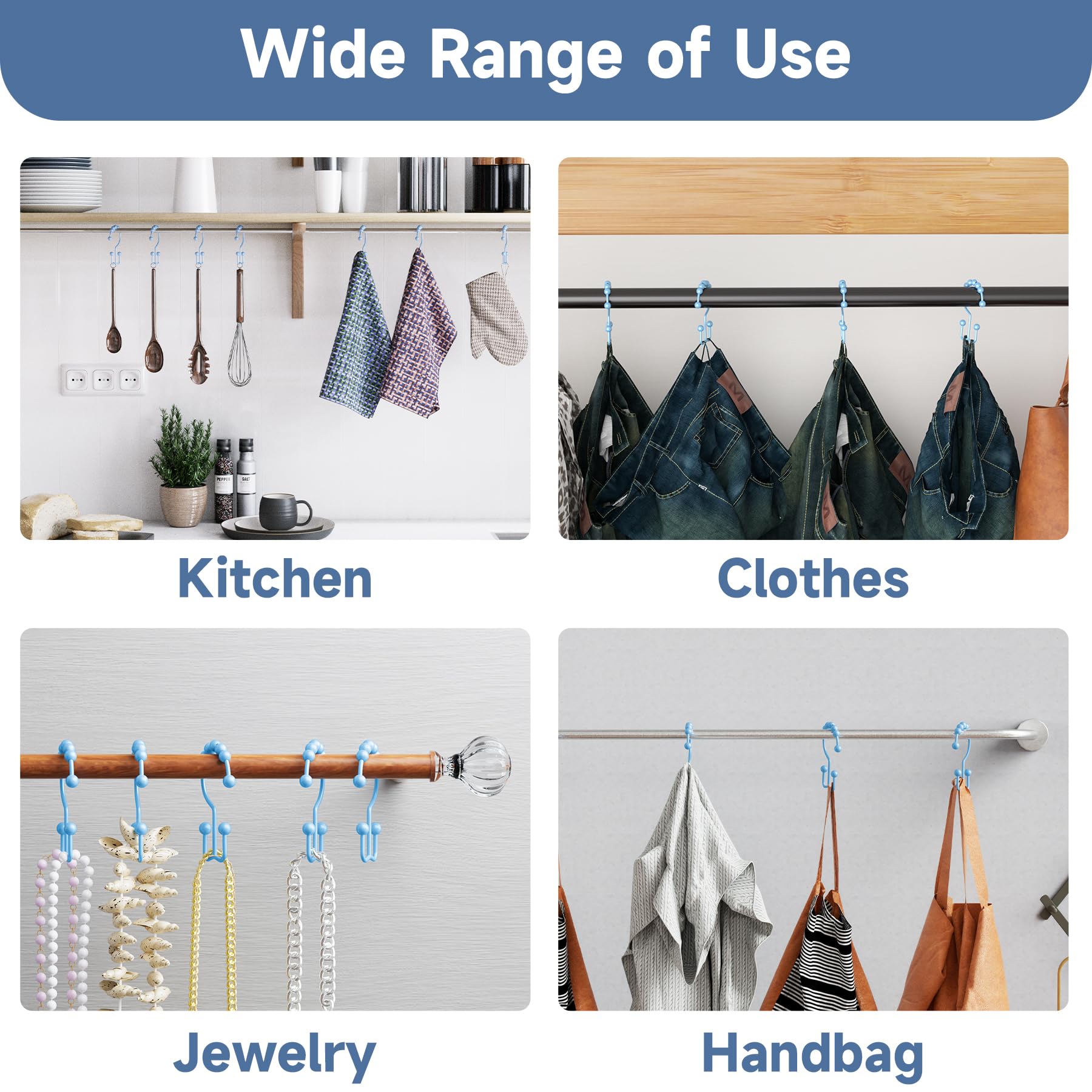Titanker Shower Curtain Hooks - 12 Pack Rust-Resistant Metal Double Glide Rings for Bathroom Shower Rods (Blue) | Durable Bath Accessories for Easy Curtain Installation & Home Decor