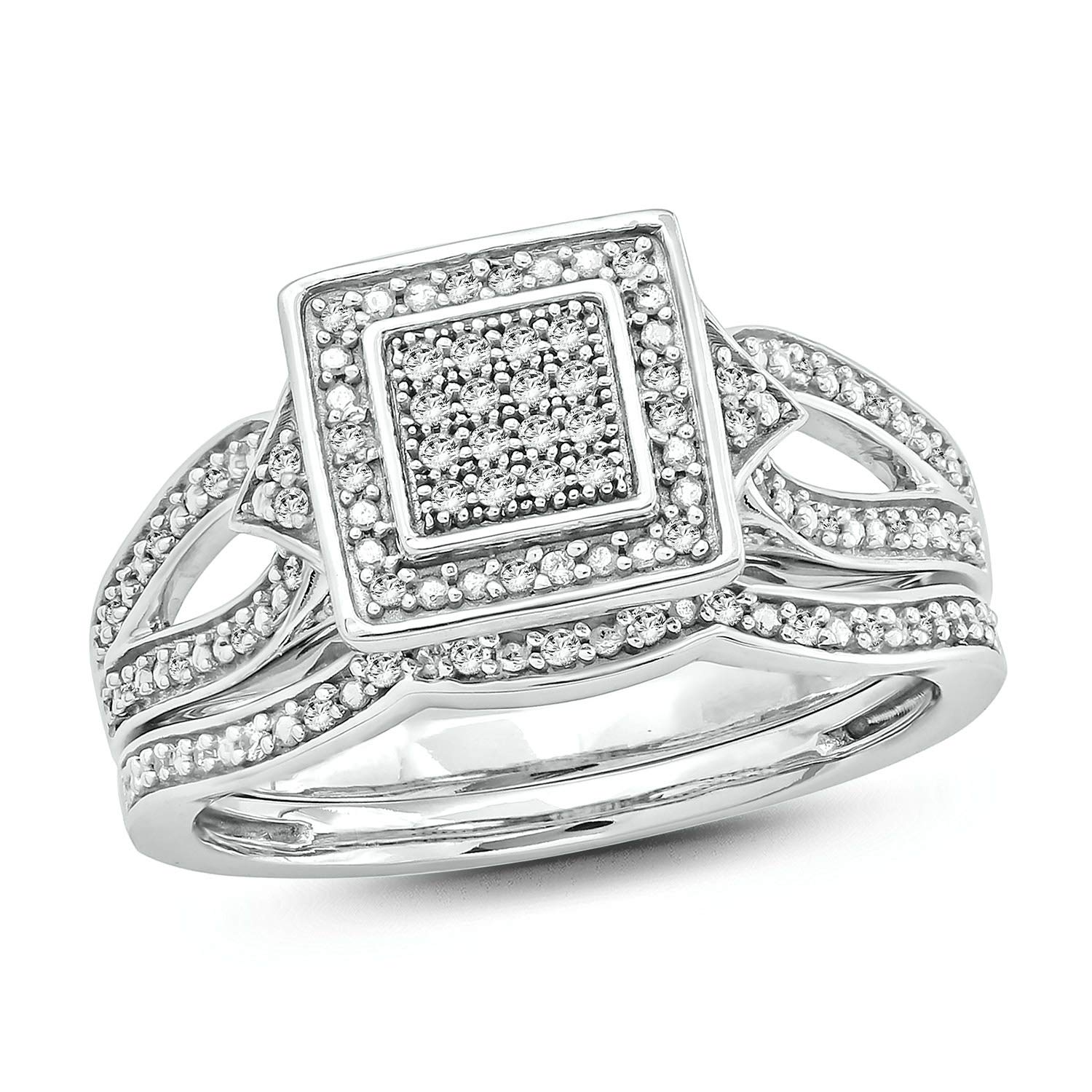1/5cttw Diamond Square Cluster & Halo Engagement Ring Set with Matching Wedding Band in 925 Sterling Silver for Women - Perfect for Proposals, Anniversaries & Bridal Jewelry